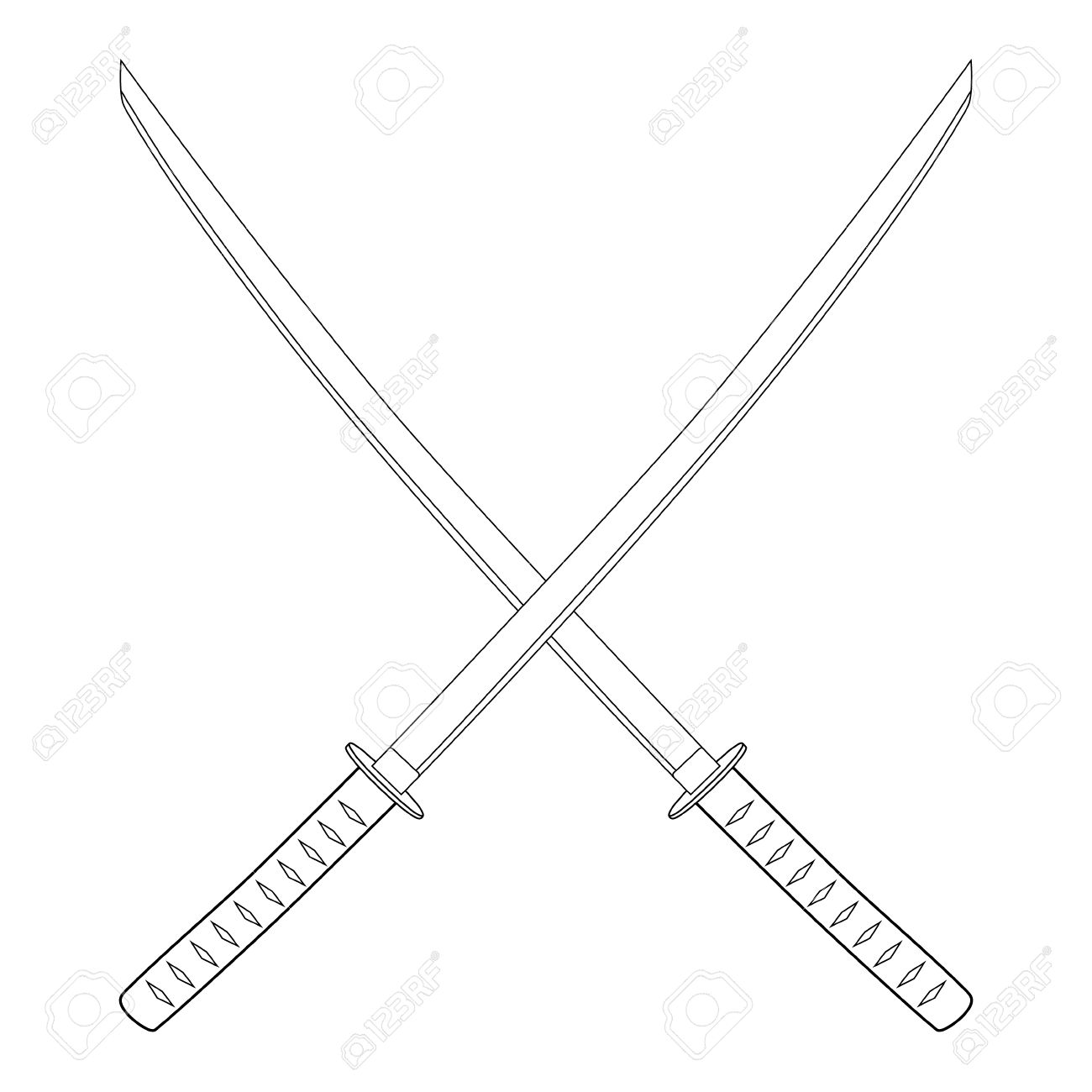 Ilustracion Vectorial Cruzo Espadas Katana Japones Contorno Dibujo