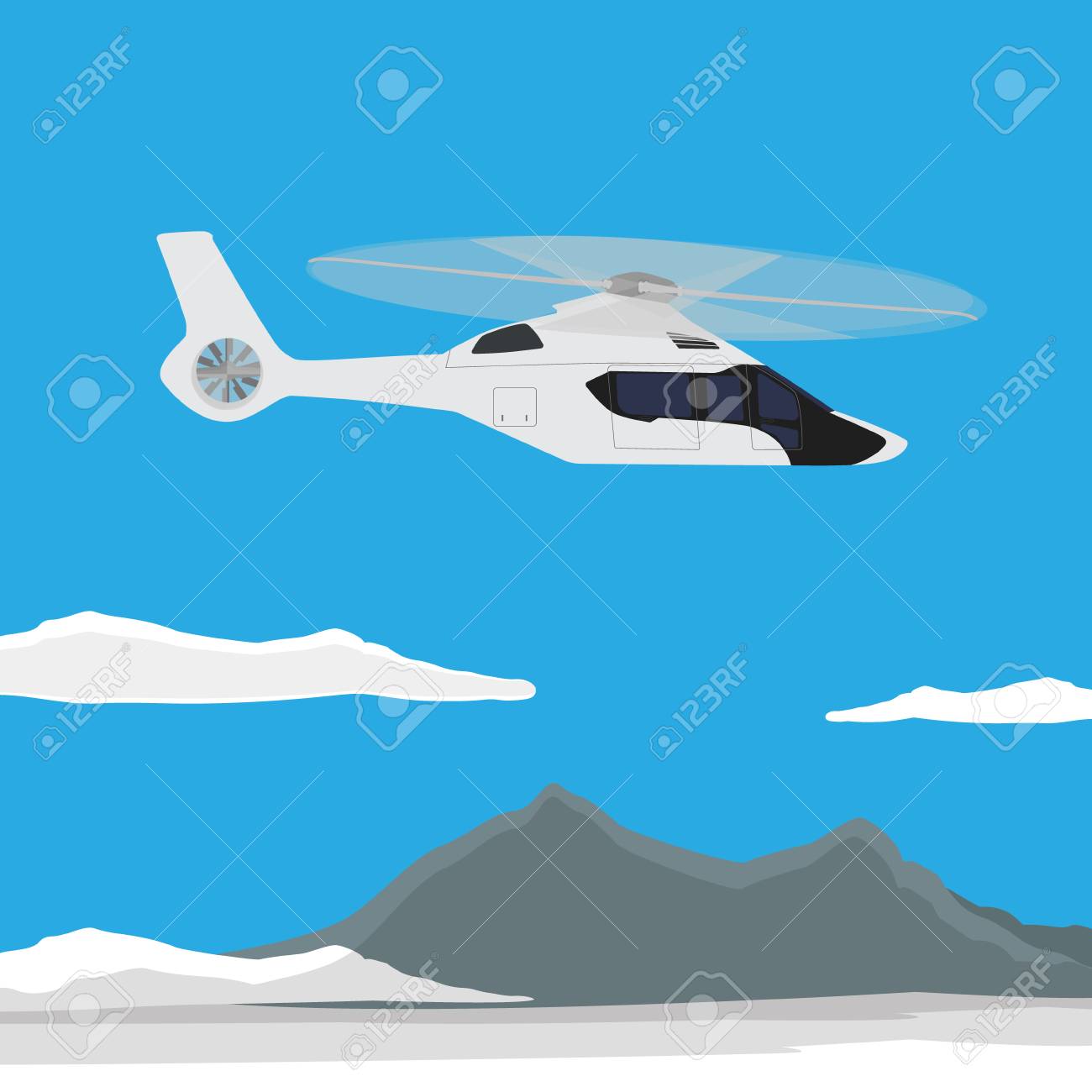 ラスター図白 豪華な リアルなヘリコプターが山の景色と青い空を飛んで の写真素材 画像素材 Image