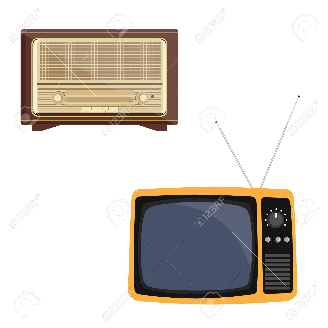 illustration raster illustration orange retro tv with antenna flat icon retro television old radio receiver of the last century