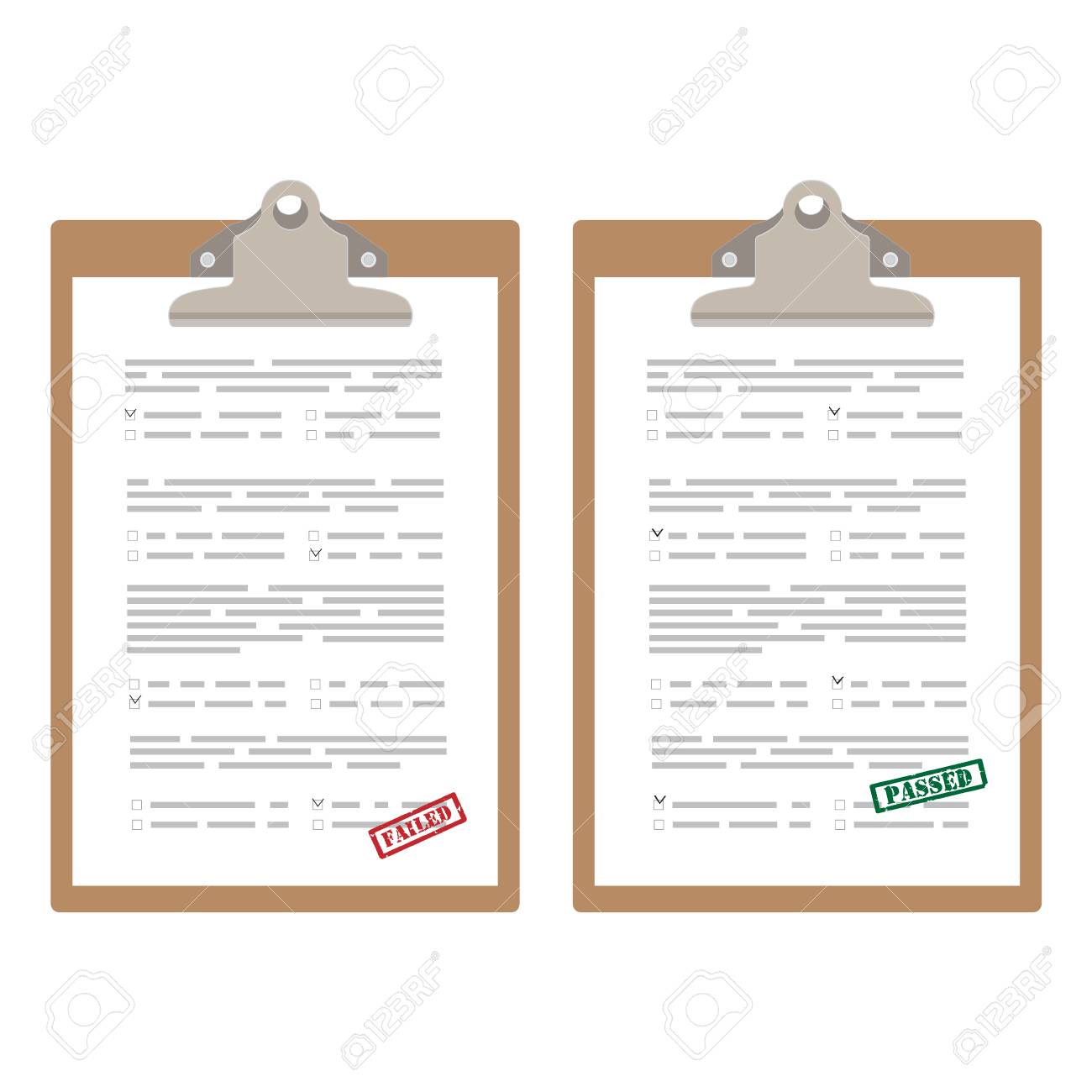 raster illustration two test exam papers with red rubber stamp