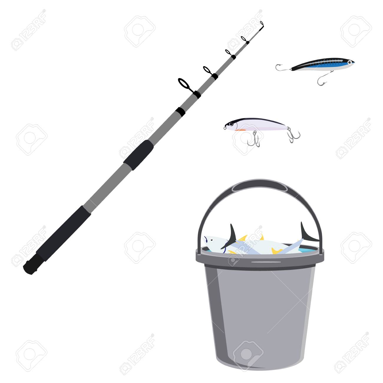 Canne à Pêche, Appâts Et Seau Rempli De Poisson Frais Isolé Seau Gris Illustration Raster Plein De Poisson Frais Et