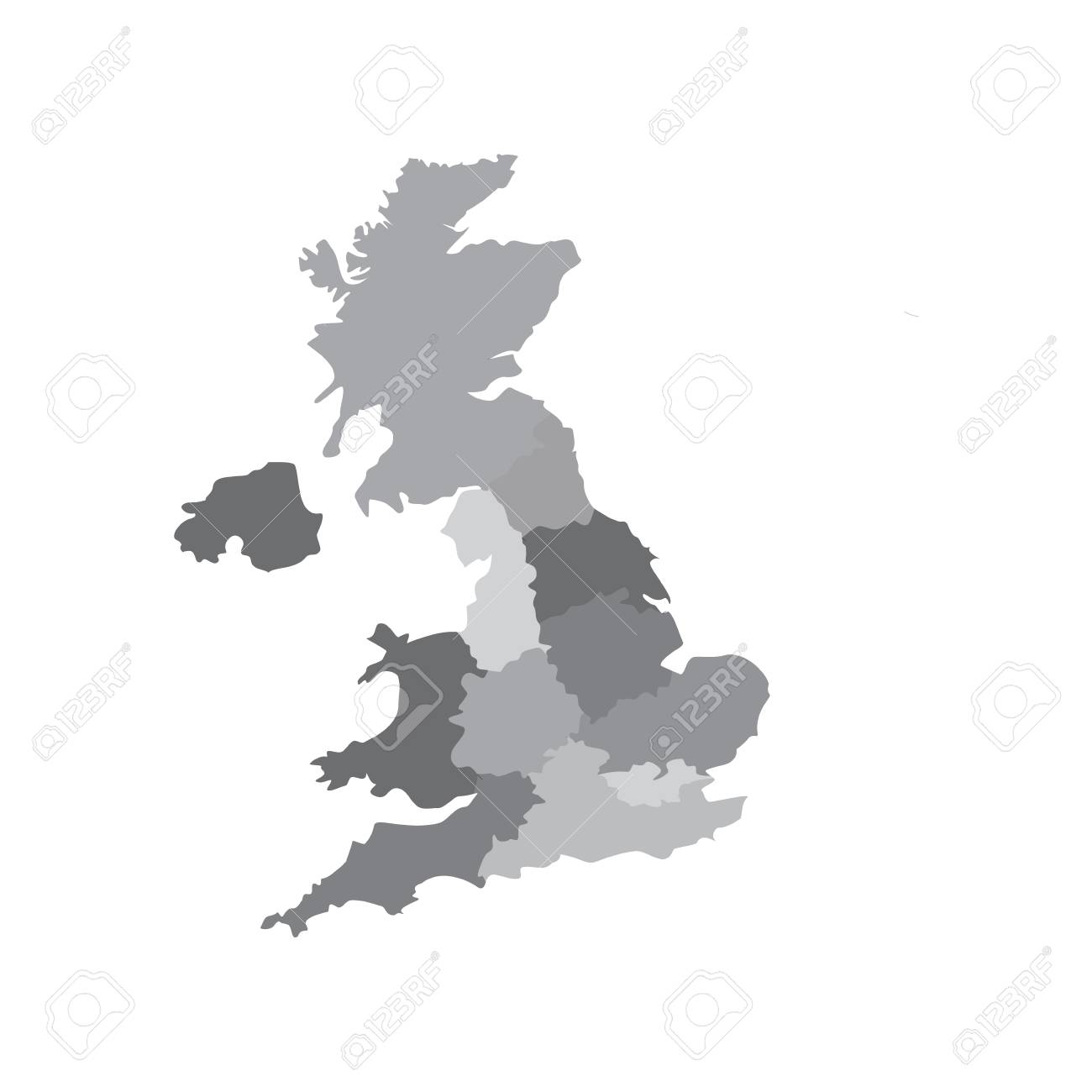 Raster Illustration Grey Map Silhouette With United Kingdom Of Great Britain Uk Regions. Stock Photo, Picture And Royalty Free Image. Image 92789531.