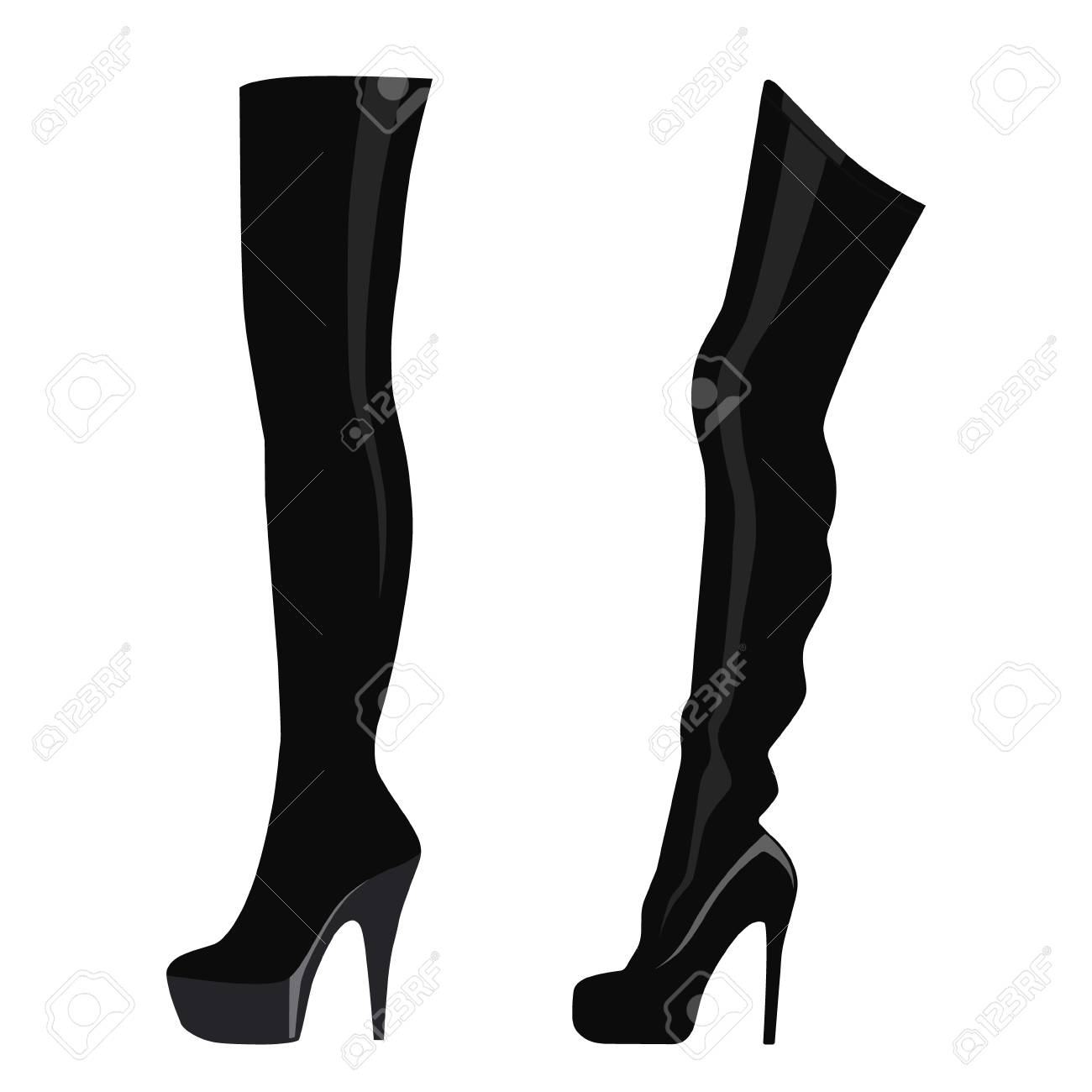 白い背景に隔離されたベクターイラスト黒太もものハイブーツ