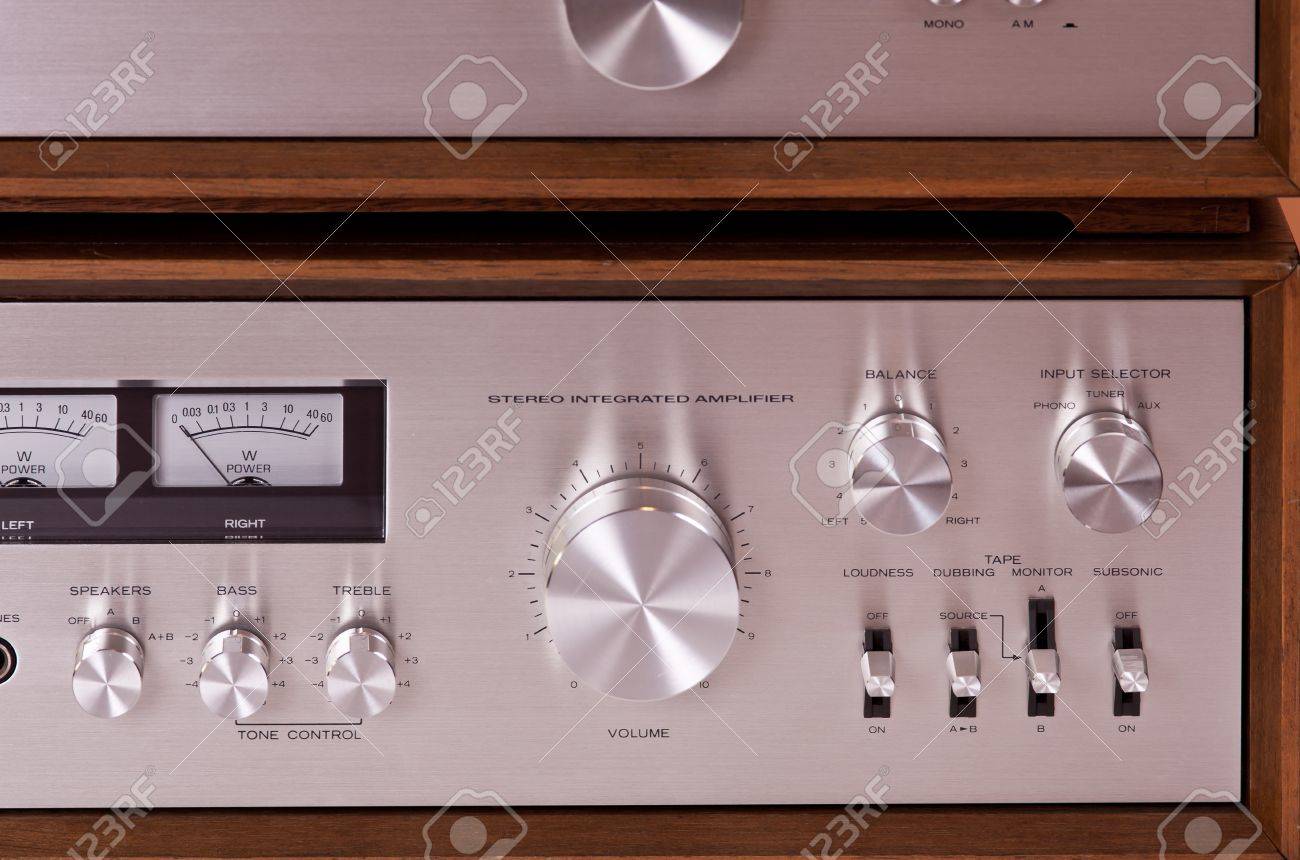 Vintage Hi Fi Stereo Amplifier In Wooden Cabinet Front Stock Photo
