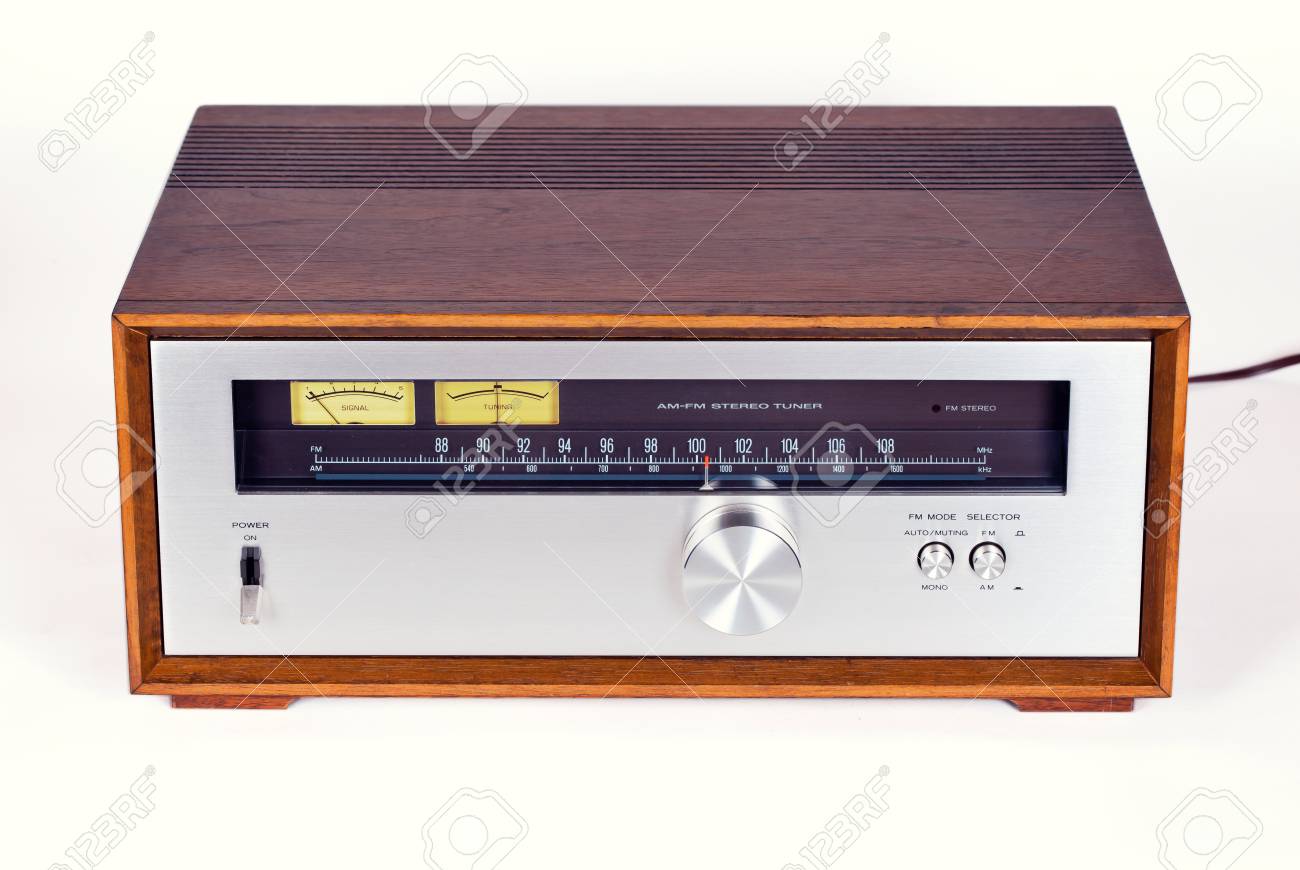 Vintage Stereo Audio Tuner Radio In Wooden Cabinet On White