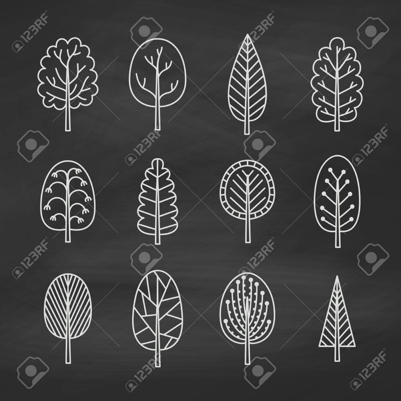 set of chalk trees on the chalkboard elements for design vintage