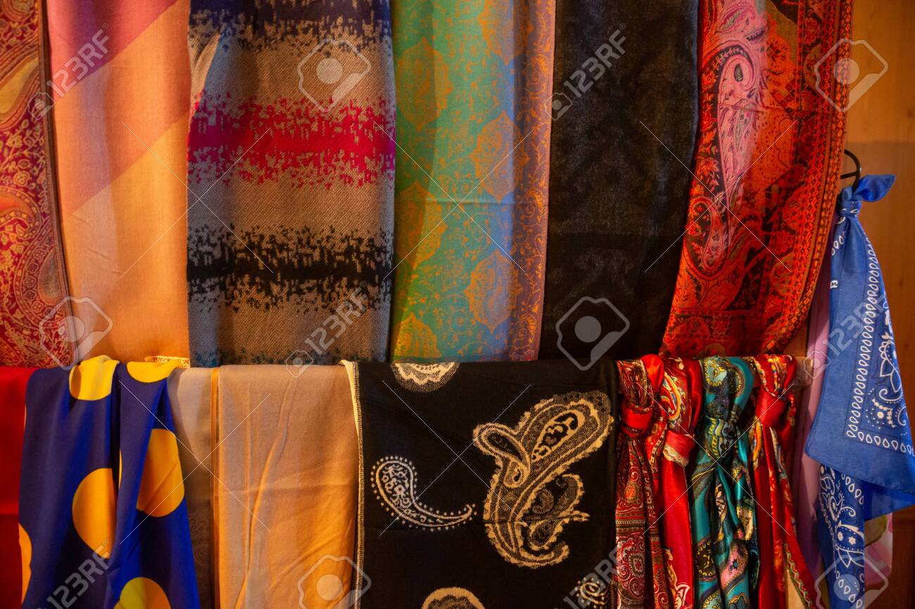 Traditional oriental cloth scarf sold in a store in old town Sheki, Azerbaijan. - 140178954 Traditional oriental cloth scarf sold in a store in old town Sheki, Azerbaijan. - 140178954