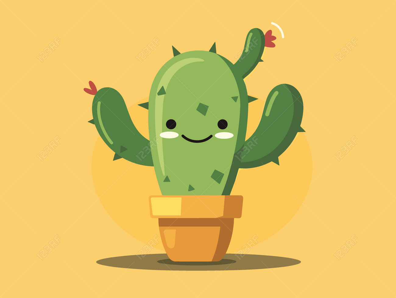 A cartoon cactus is smiling and waving at the camera. The cactus is in a pot and is surrounded by a yellow background - 230657824