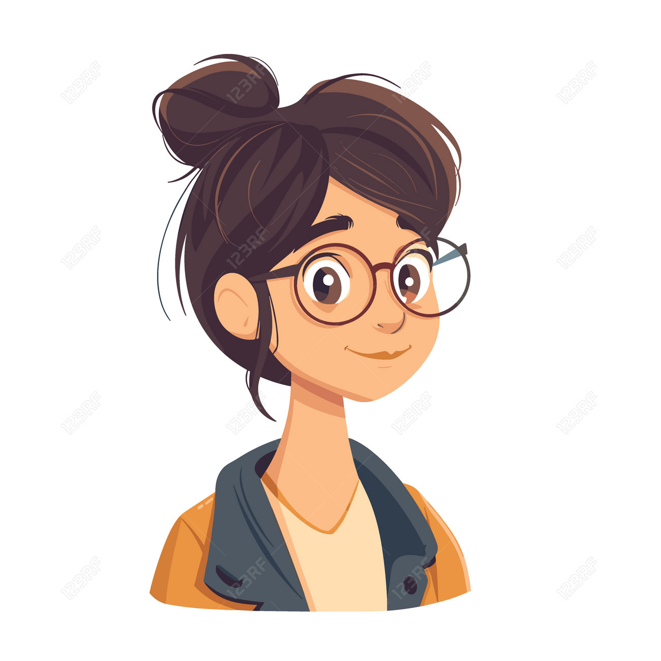 Uma Garota De Desenho Animado Com Óculos E Rabo De Cavalo, Ela Está  Sorrindo E Vestindo Uma Jaqueta Royalty Free SVG, Cliparts, Vetores, e  Ilustrações Stock. Image 230708307