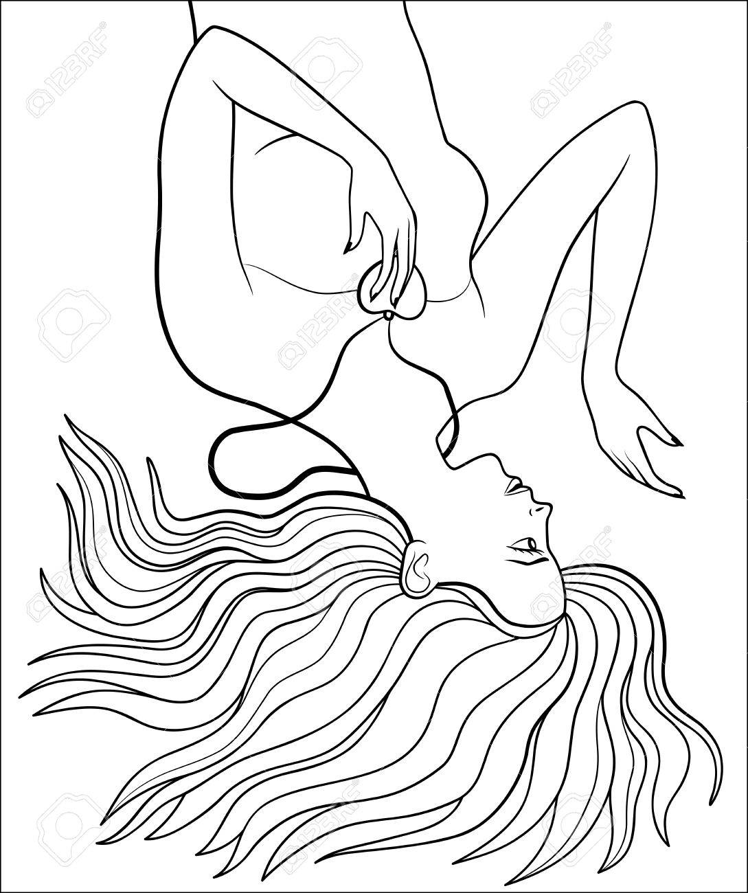 ハートのペンダントときれいな女の子 美しい女性の長い髪が広がると地面に横たわって 大人のための抗ストレスの着色のページのイラスト素材 ベクタ Image