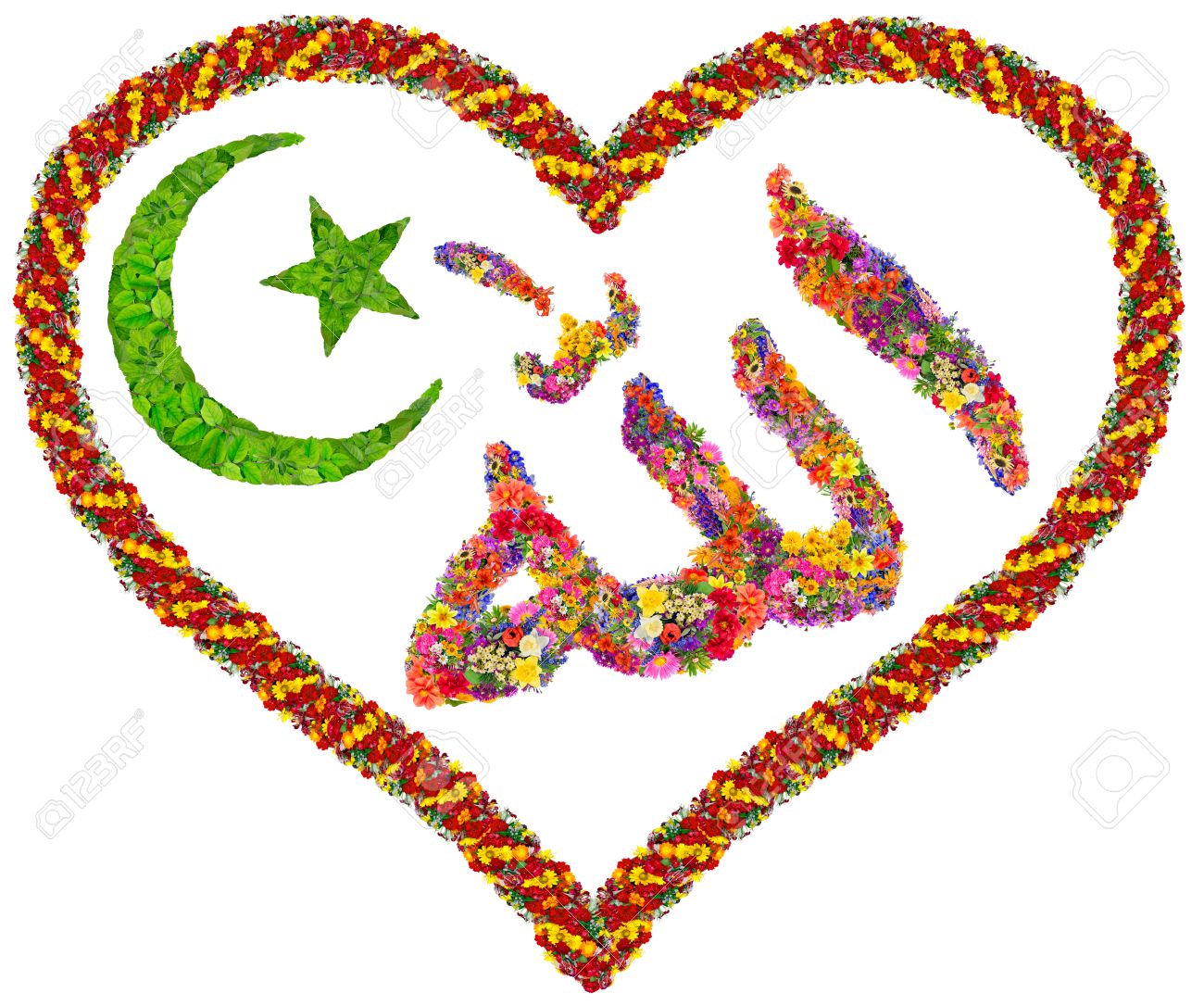 The Word Of Love To Allah Is Written In The Bright Summer Flowers Half Moon And Star Of Islam From Green Leaves Handmade Isolated Collage Stock Photo Picture And Royalty Free Image