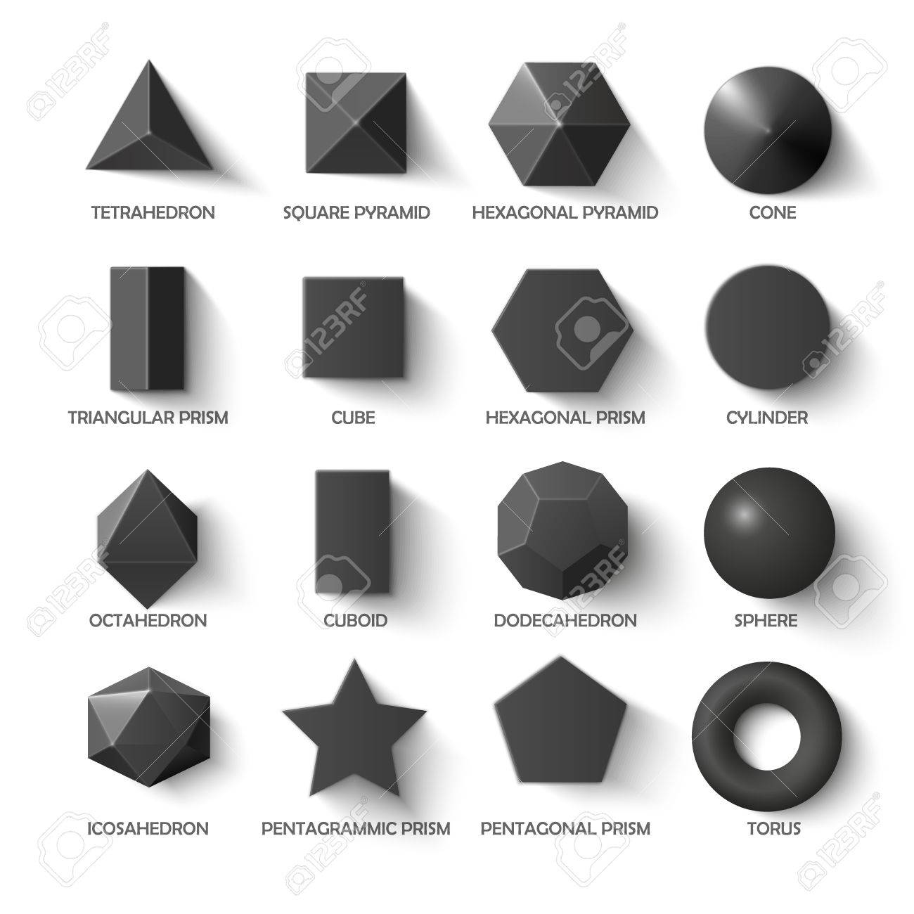 all basic 3d shapes template in dark realistic with shadow