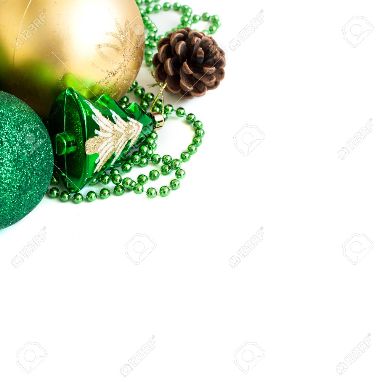 big green balls and christmas toys pine cone close up christmas christmas card stock