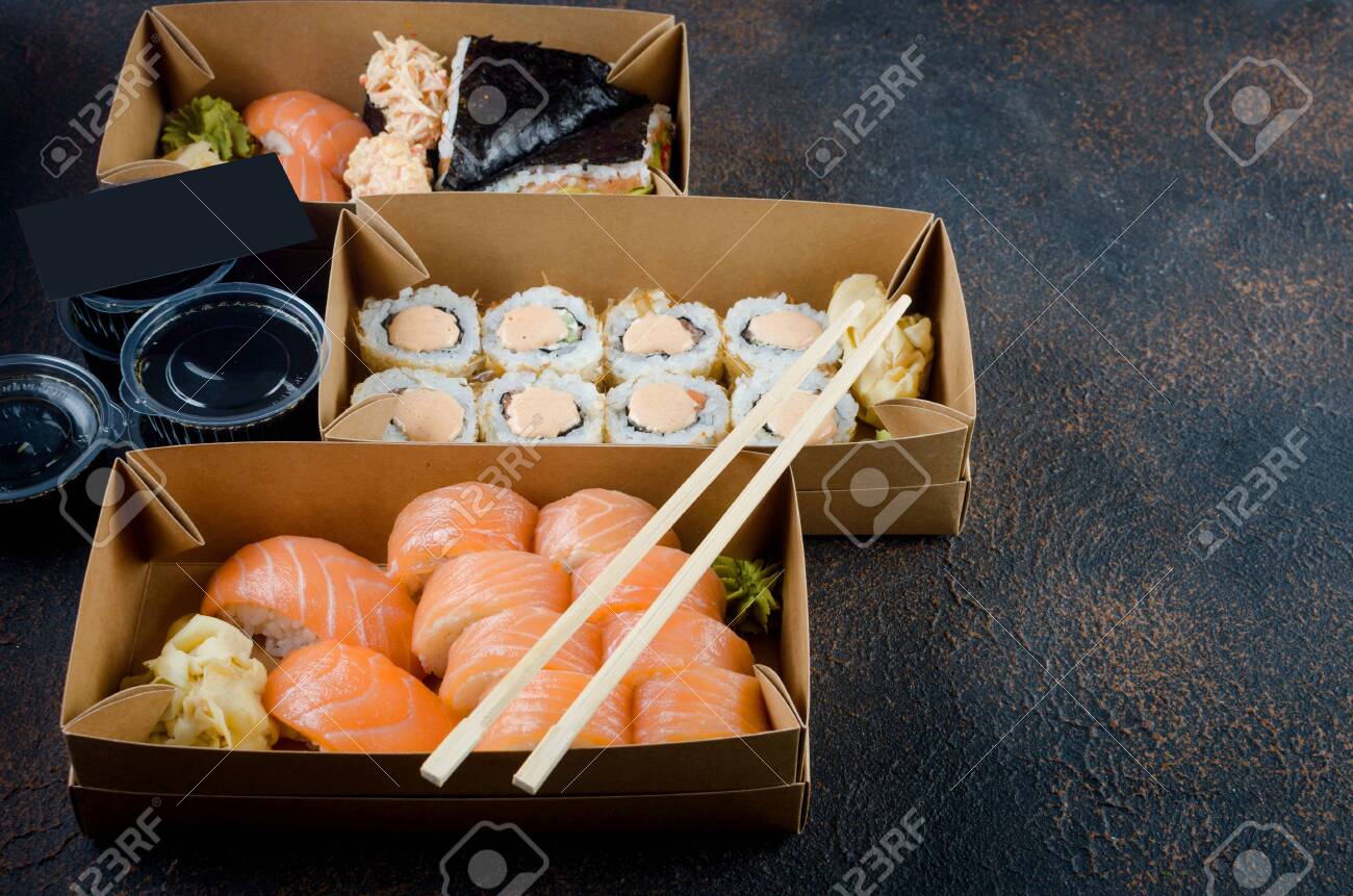 Download Tasty Sushi Rolls In Disposable Kraft Paper Boxes Sauces On Stock Photo Picture And Royalty Free Image Image 147915406