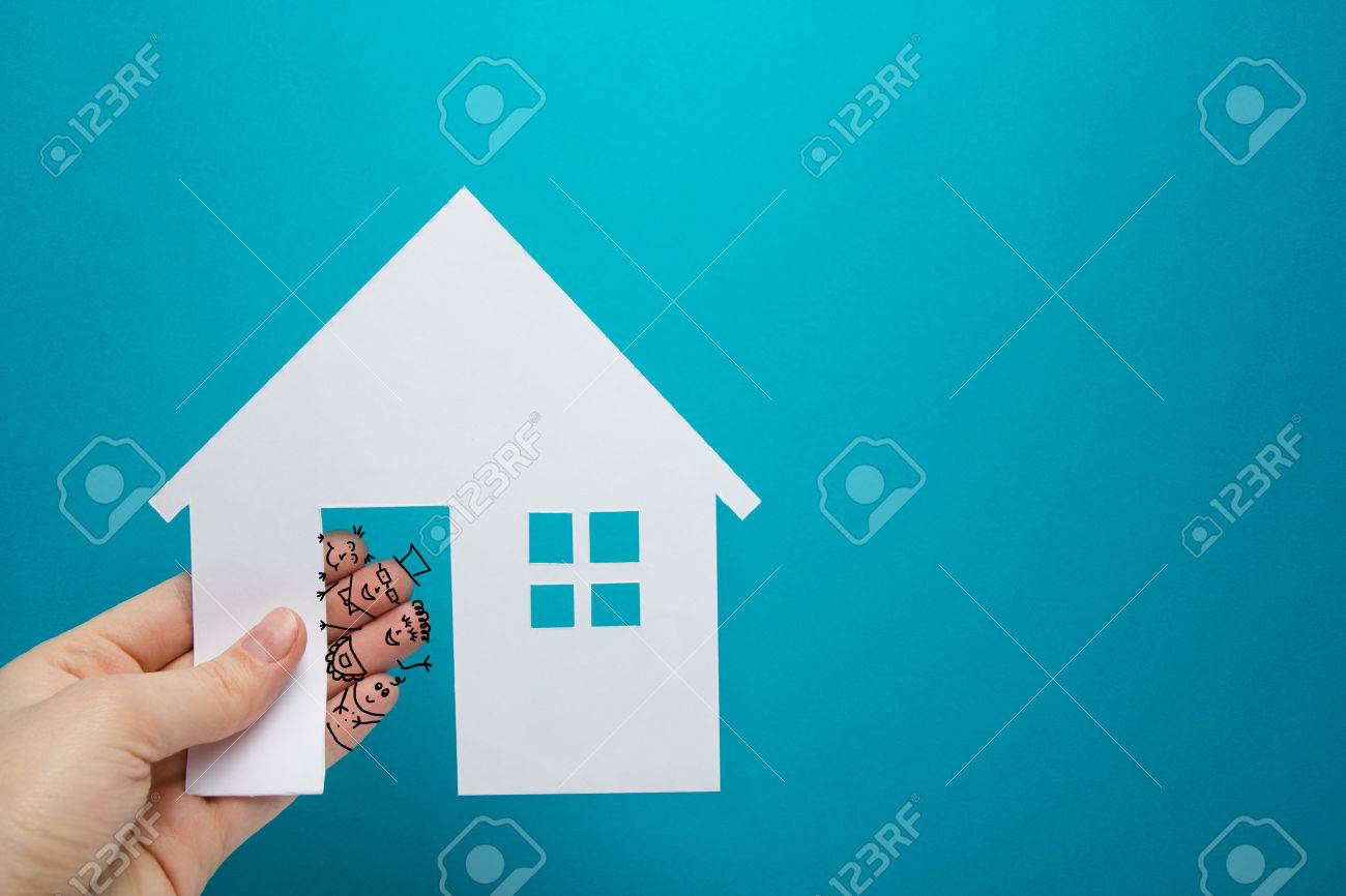 Hand Mit Lustigen Finger Halt Weisses Papier Haus Abbildung Auf