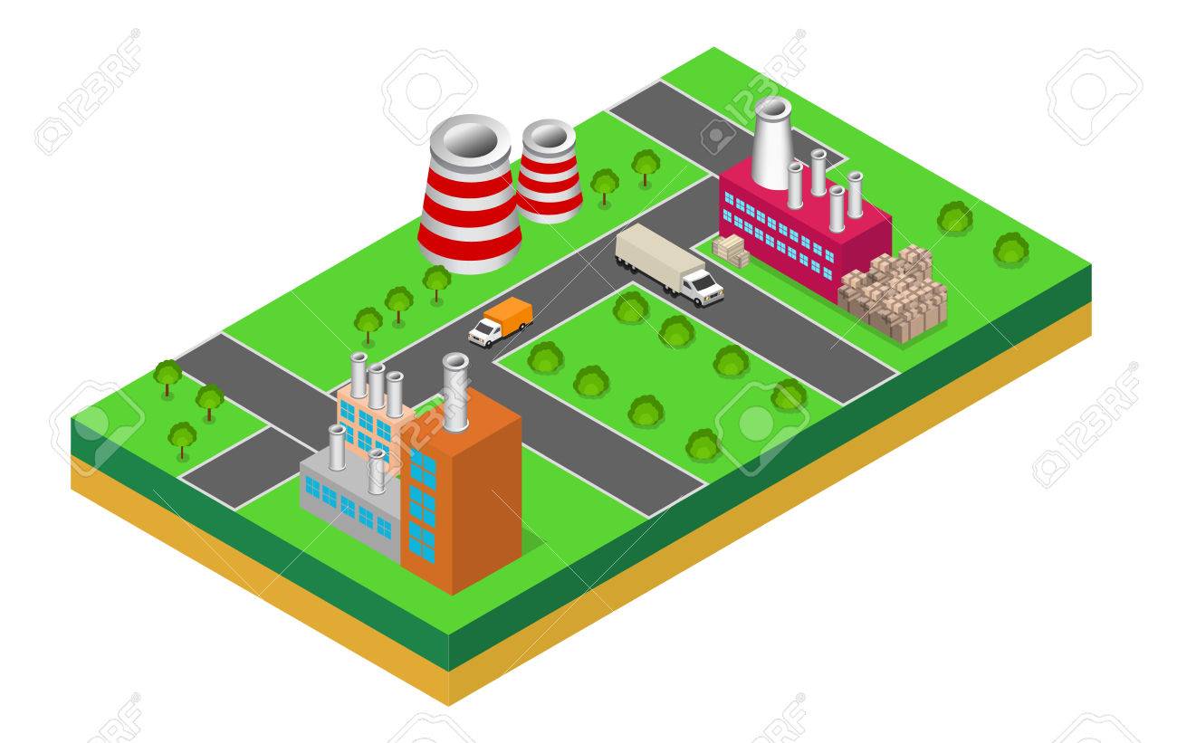 工業用建物工場やボイラー 等尺性の視点の工場で のイラスト素材 ベクタ Image