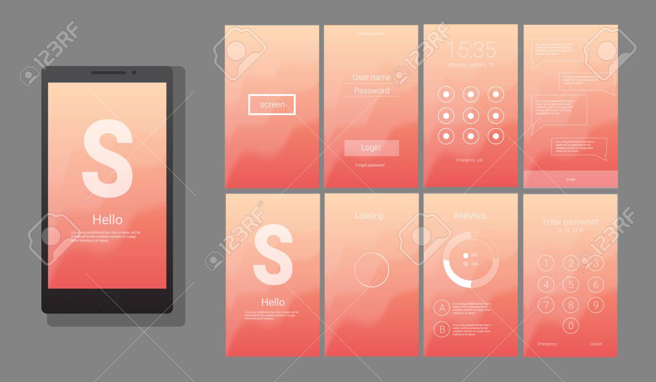 Uxとフラットウェブアイコンを持つモバイルアプリのための現代のui Gui画面ベクトルデザイン ロック画面 ログインページ パスコード アプリケーションの読み込み テキストメッセージと統計チャートのワイヤフレームキット のイラスト素材 ベクタ Image Uxとフラットウェブアイコンを持つモバイルアプリのための現代のui Gui画面ベクトルデザイン ロック画面 ログインページ パスコード アプリケーションの読み込み テキストメッセージと統計チャートのワイヤフレームキット のイラスト素材 ベクタ Image