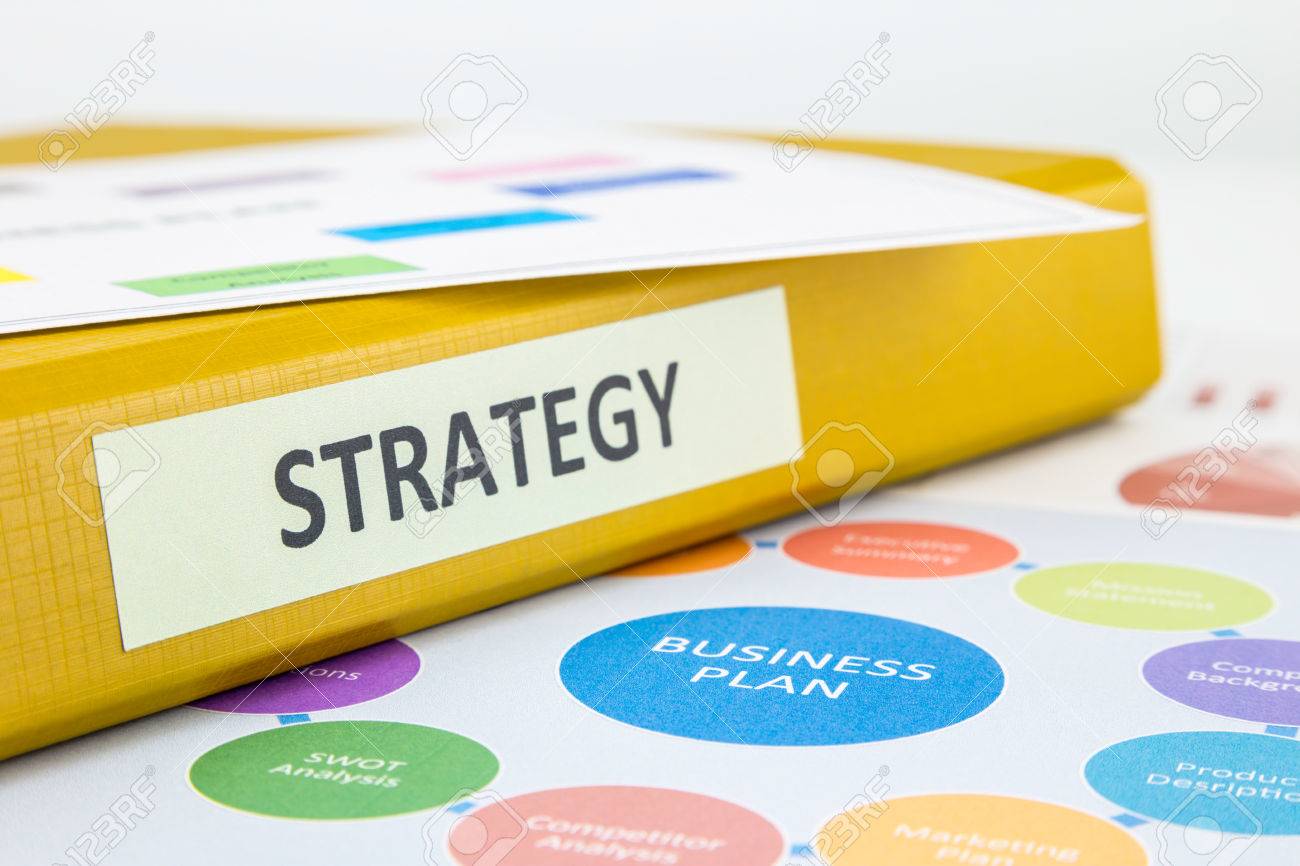 binder of strategy documents with business plan and swot analysis