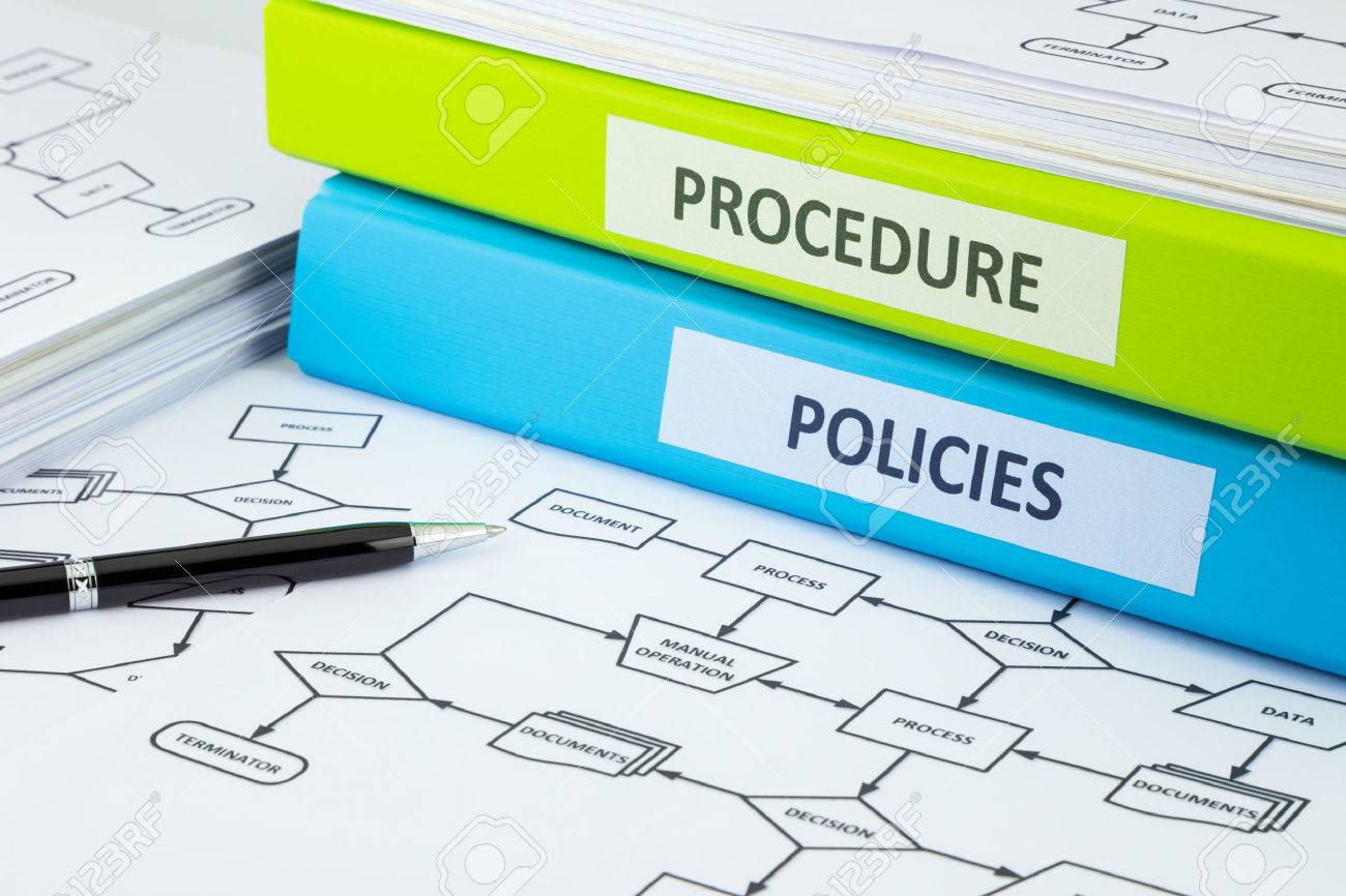 business binders with policies and procedure words on labels stock