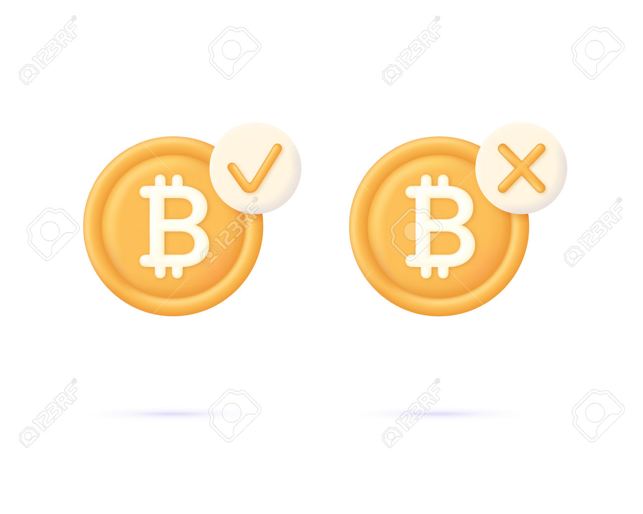 3Dビットコインと小切手、クロスマークイラスト。承認された支払いアイコン。成功したトランザクション。オンラインで通貨を売買します。暗号通貨取引。オンラインバン。3Dスタイルのベクター画像。のイラスト素材・ベクター  Image 192905353