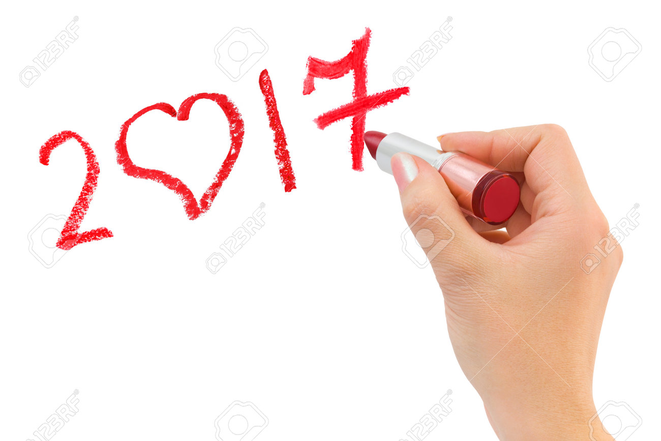 Hand with lipstick drawing 2017 isolated on white background - 65573224 Hand with lipstick drawing 2017 isolated on white background - 65573224