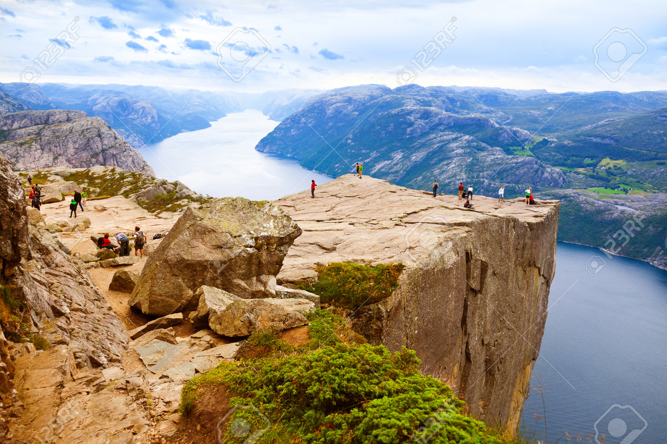 Preachers Pulpit Rock in fjord Lysefjord - Norway - nature and travel background - 80099017 Preachers Pulpit Rock in fjord Lysefjord - Norway - nature and travel background - 80099017