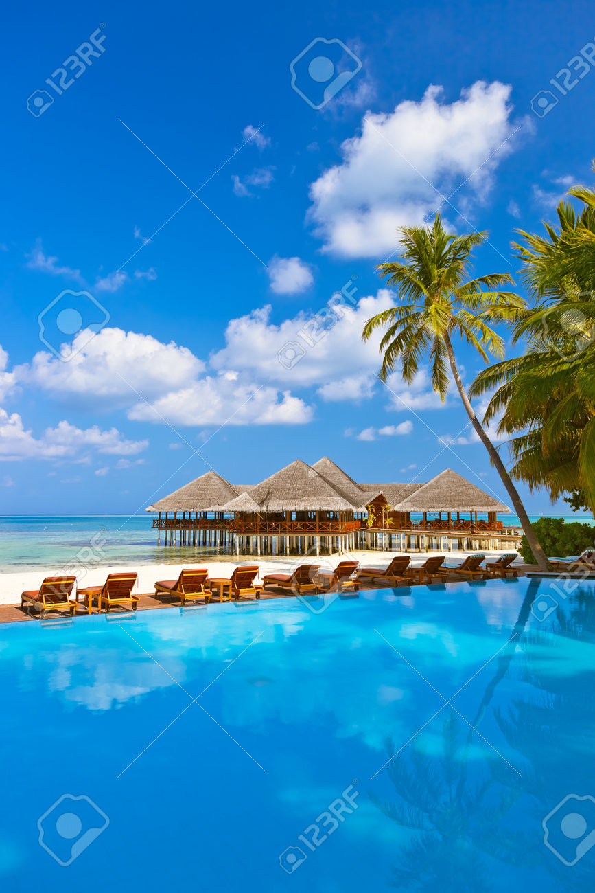 Piscine Et Un Café Sur La Plage Maldives Nature Vacances Fond