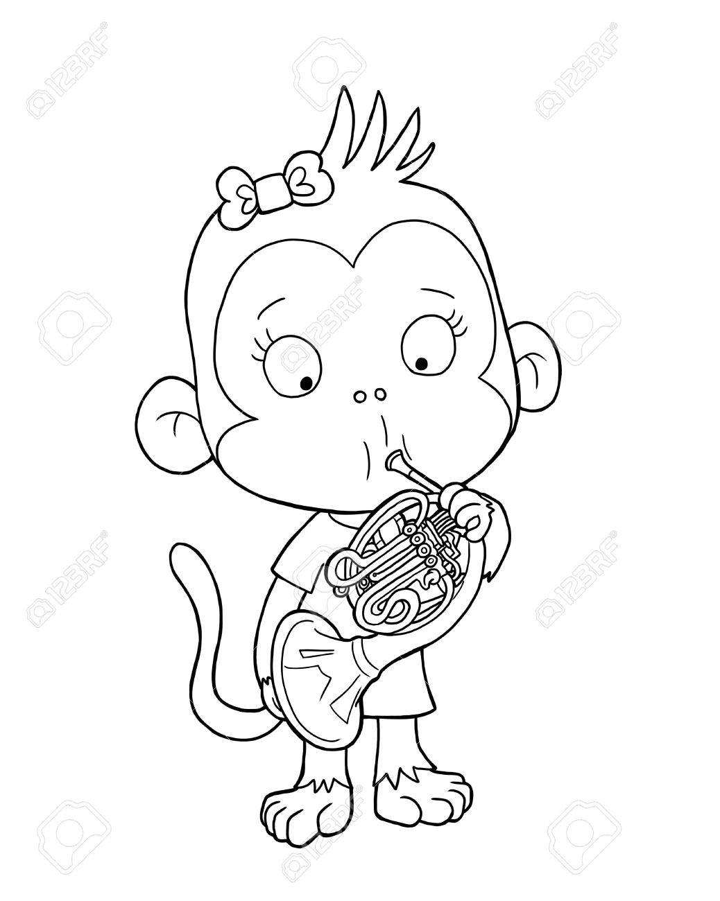 Cute monkey playing french horn coloring page stock photo 69128115