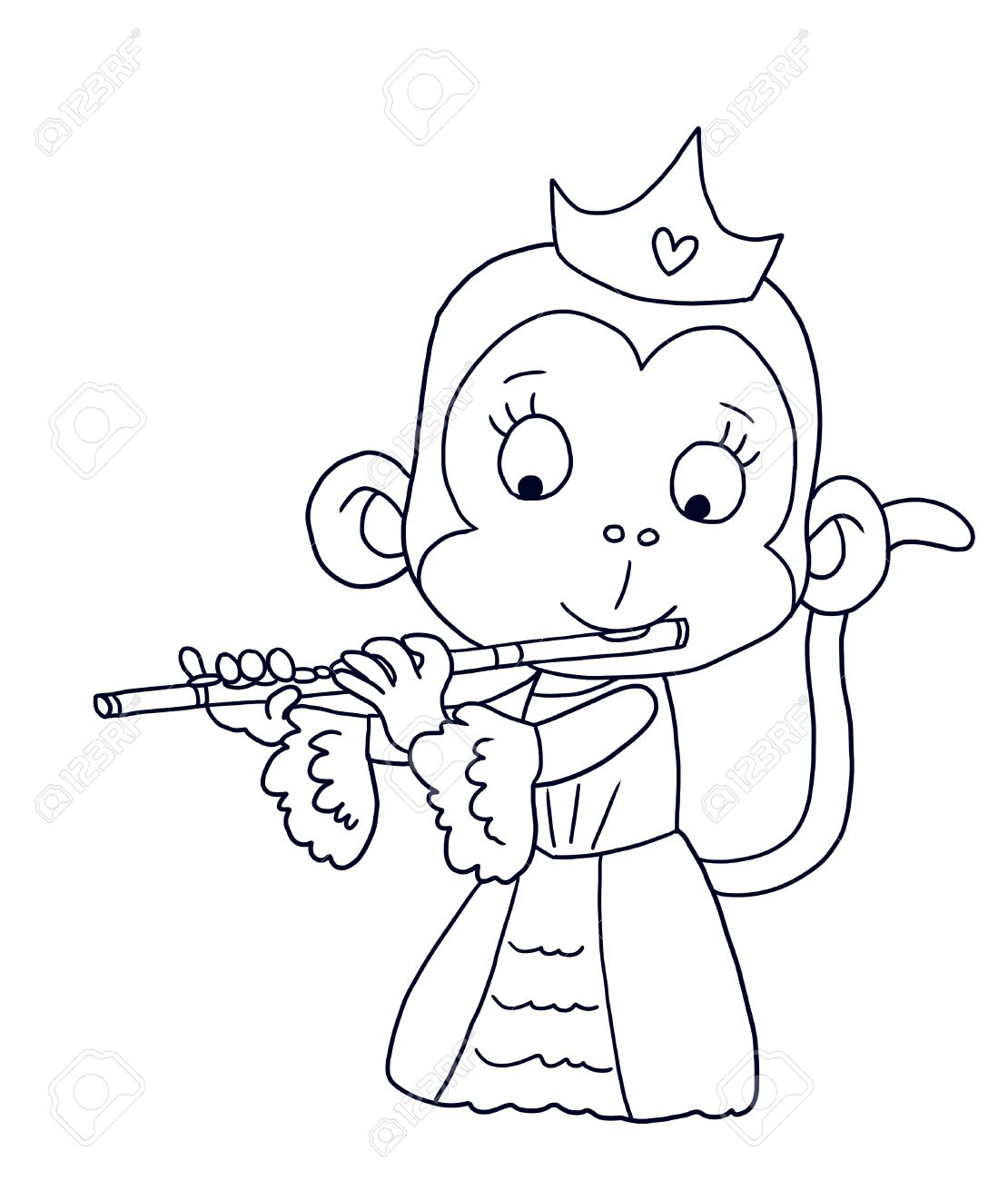 Nette Prinzessin Affe mit Flöte - Ausmalbild Nette Prinzessin Affe mit Flöte - Ausmalbild