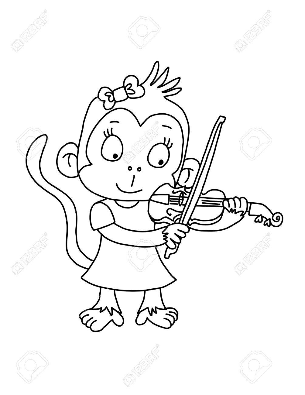 Cute Monkey playing violin Coloring Page Stock