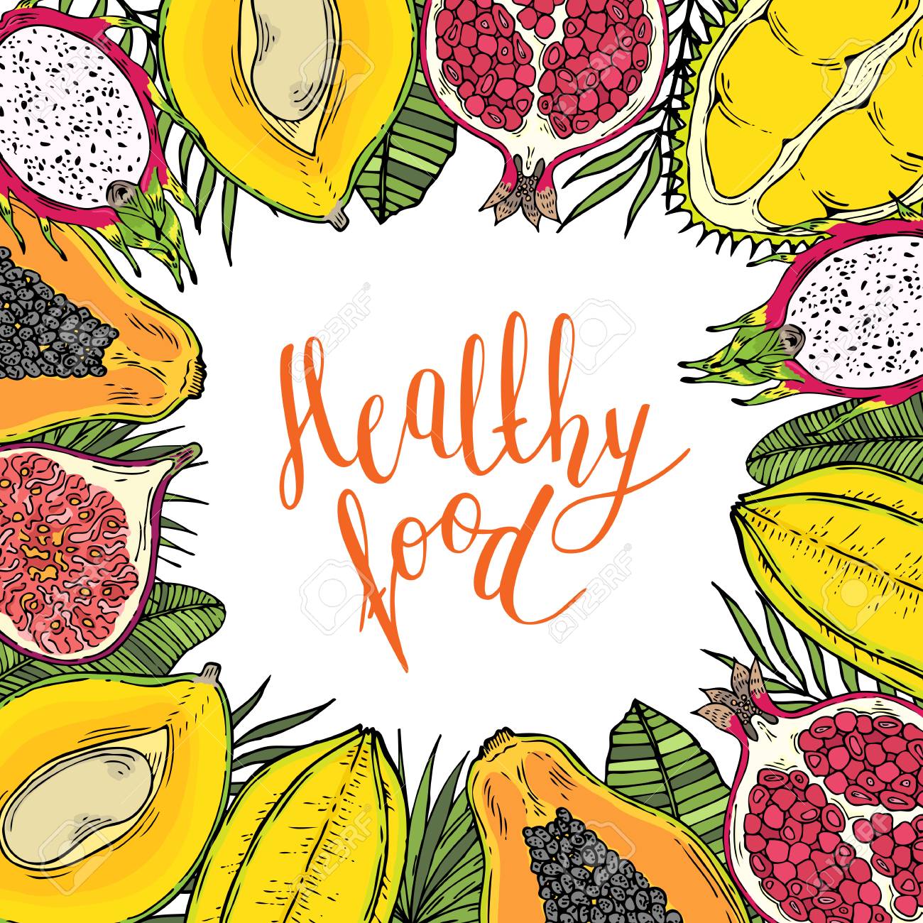 frame of fruits and tropical leaves with the words healthy food