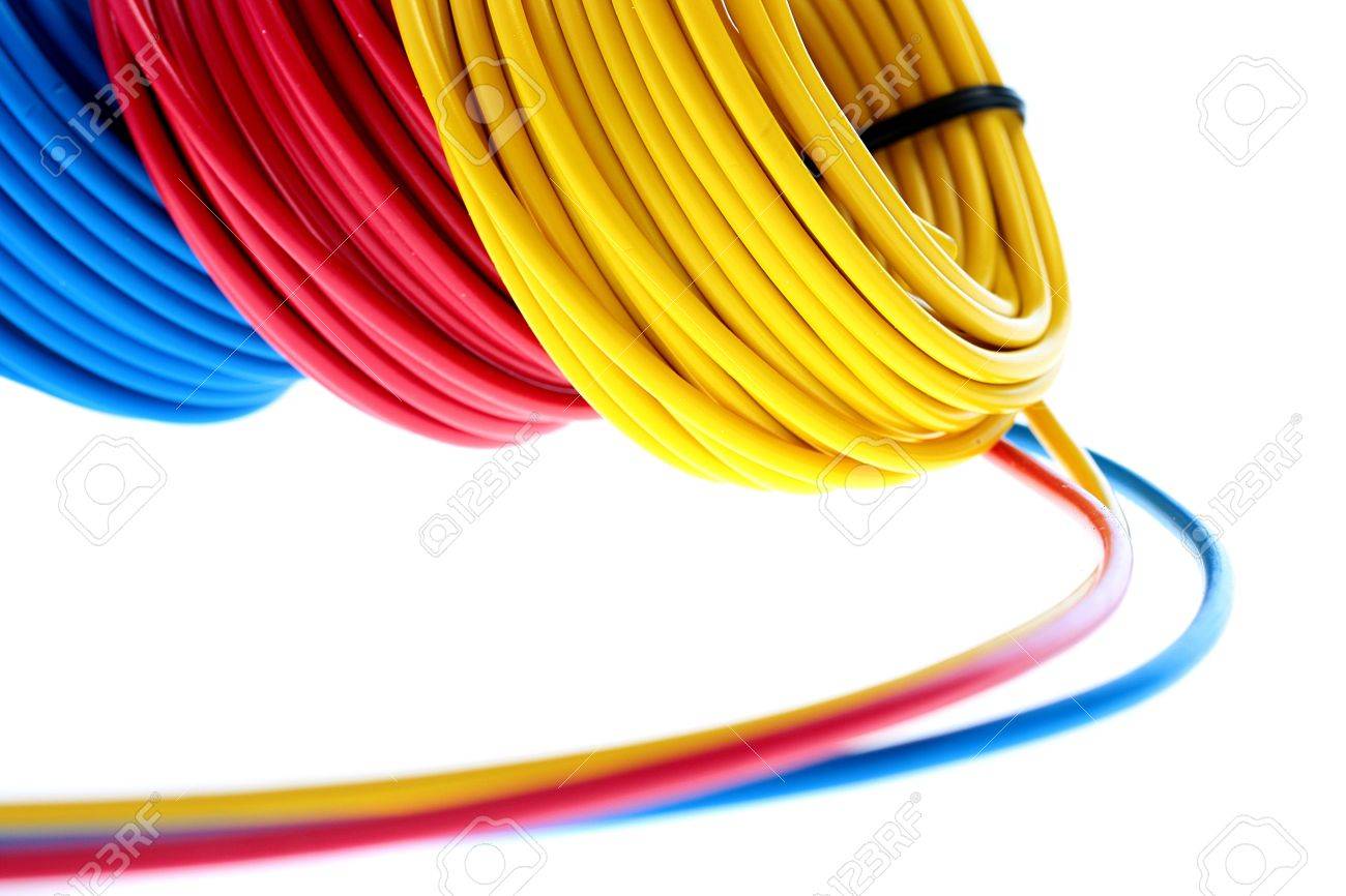 Electric Wires Of Red, Yellow And Dark Blue Colour Are Winded In Rings.  Stock Photo, Picture and Royalty Free Image. Image 6977155., image size:1300x866