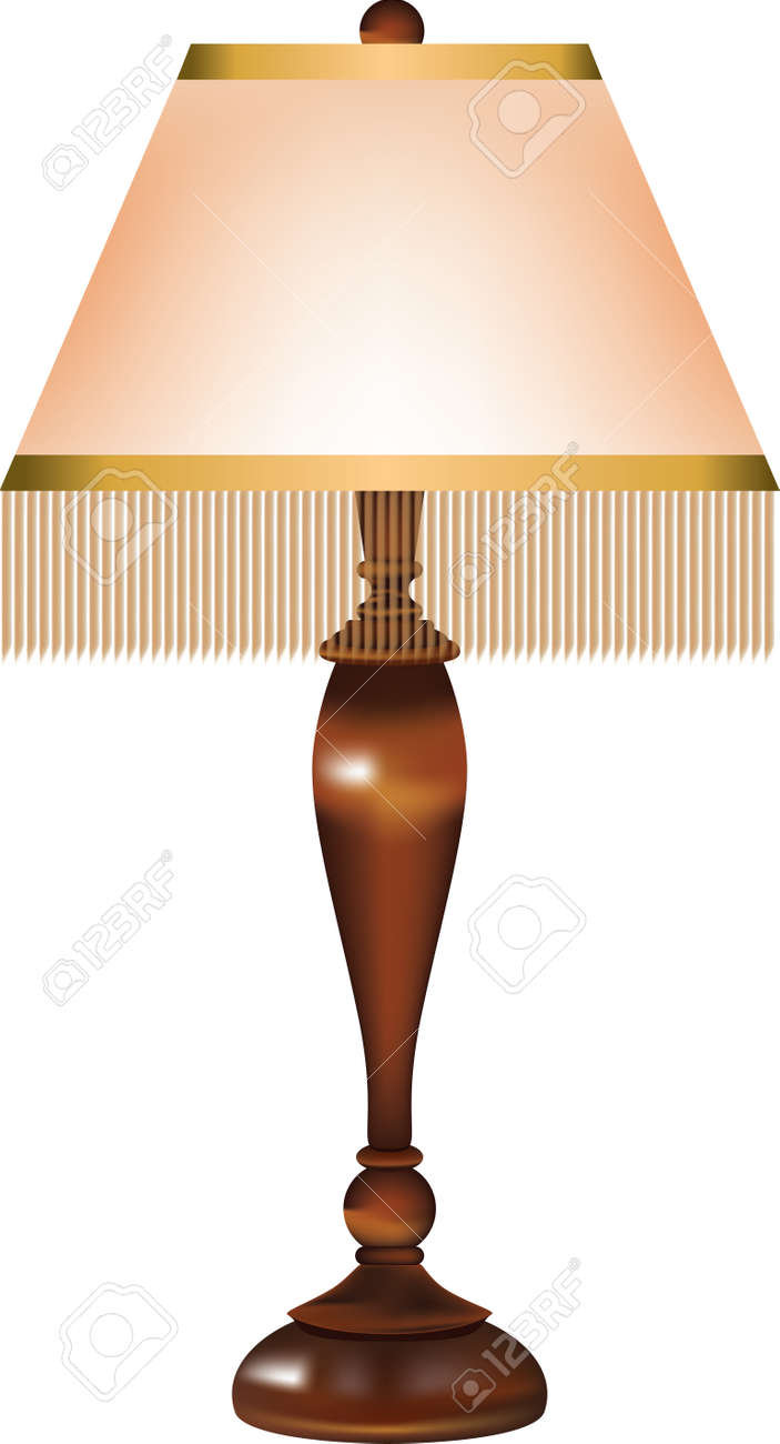 Table lamp with a retro fabric shade and threads around the edge of the shade and a wooden stand. - 169674085 Table lamp with a retro fabric shade and threads around the edge of the shade and a wooden stand. - 169674085