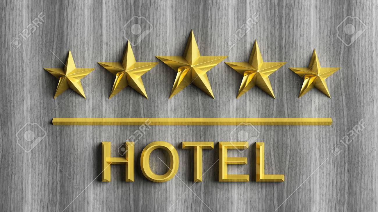 five golden stars and word hotel on grey wood stock photo picture hotel word