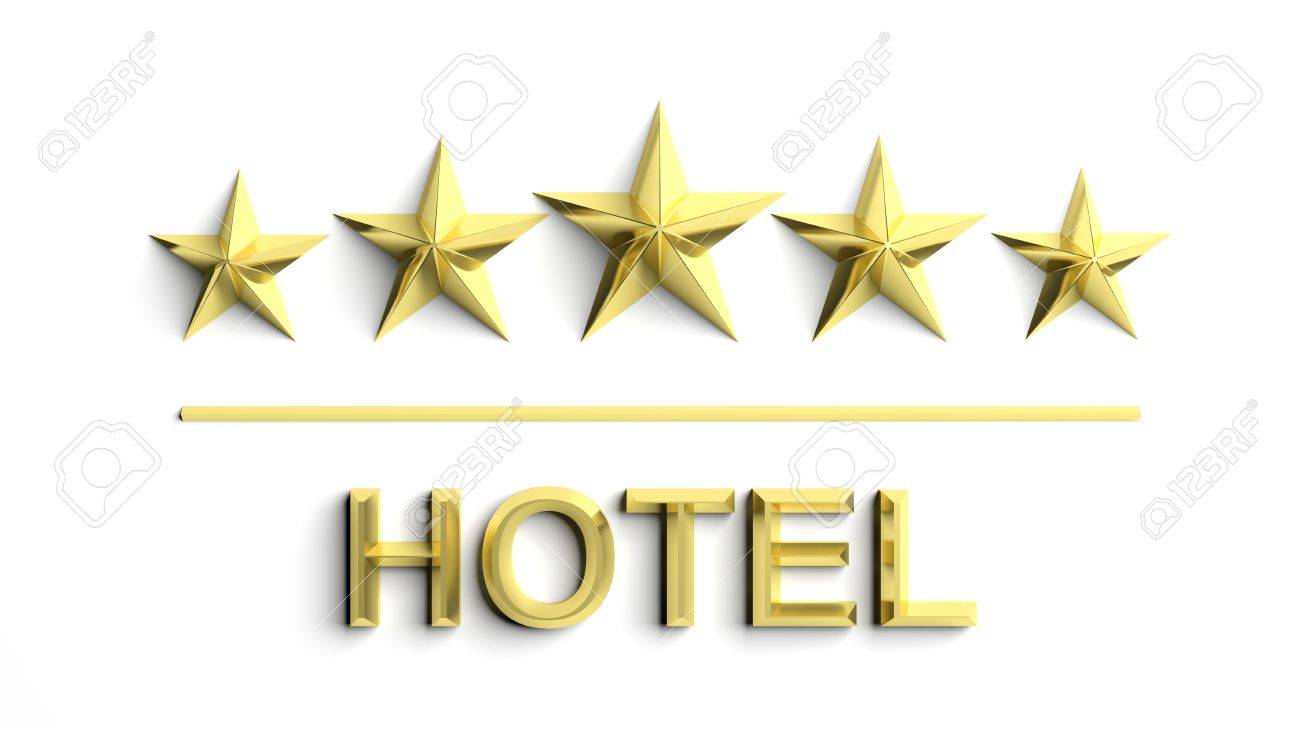 five golden stars and word hotel isolated on white stock photo hotel word