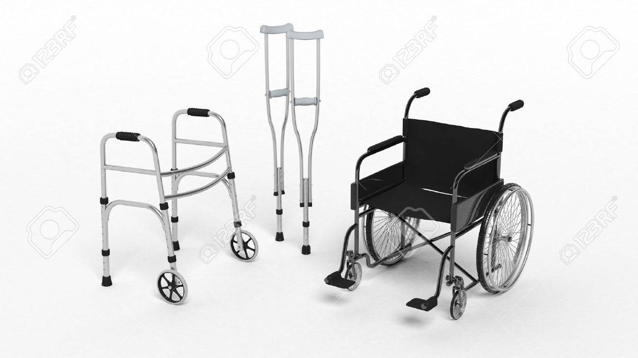 Silla de ruedas discapacidad Negro, muleta y metálico caminante aislado en blanco Silla de ruedas discapacidad Negro, muleta y metálico caminante aislado en blanco