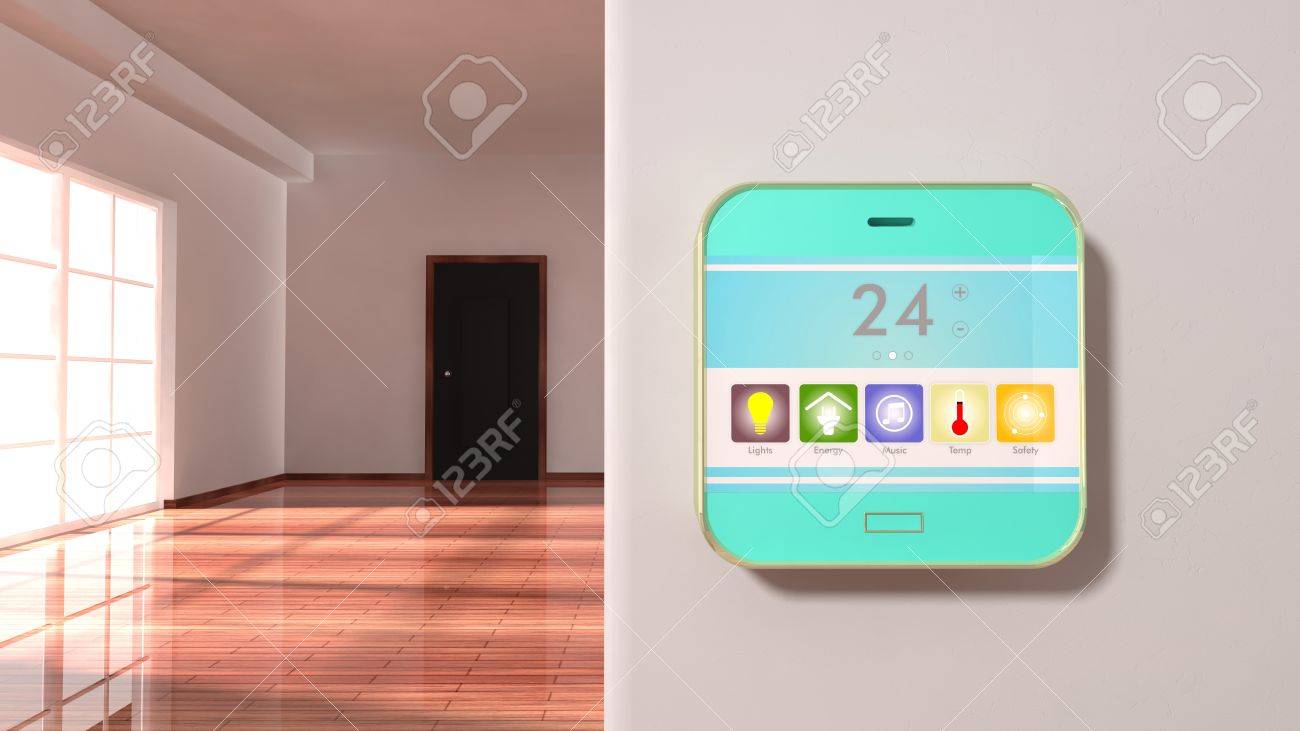 Interior of an apartment with smart home control device display on a wall - 46786549 Interior of an apartment with smart home control device display on a wall - 46786549