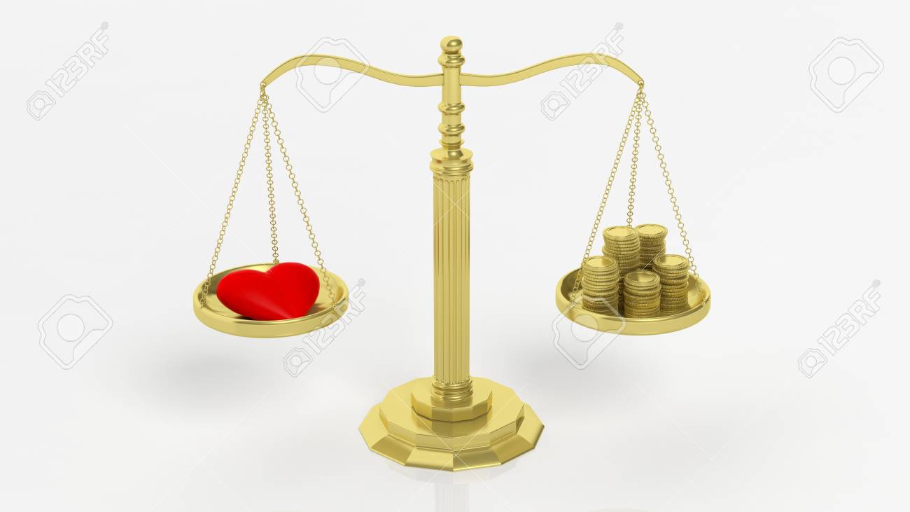 心と白い背景の上のコインの山の黄金の天秤の写真素材・画像素材 Image 54446482