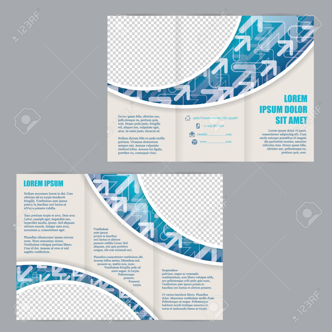 tri fold flyer brochure template design with arrows on blue wave folding flyer template