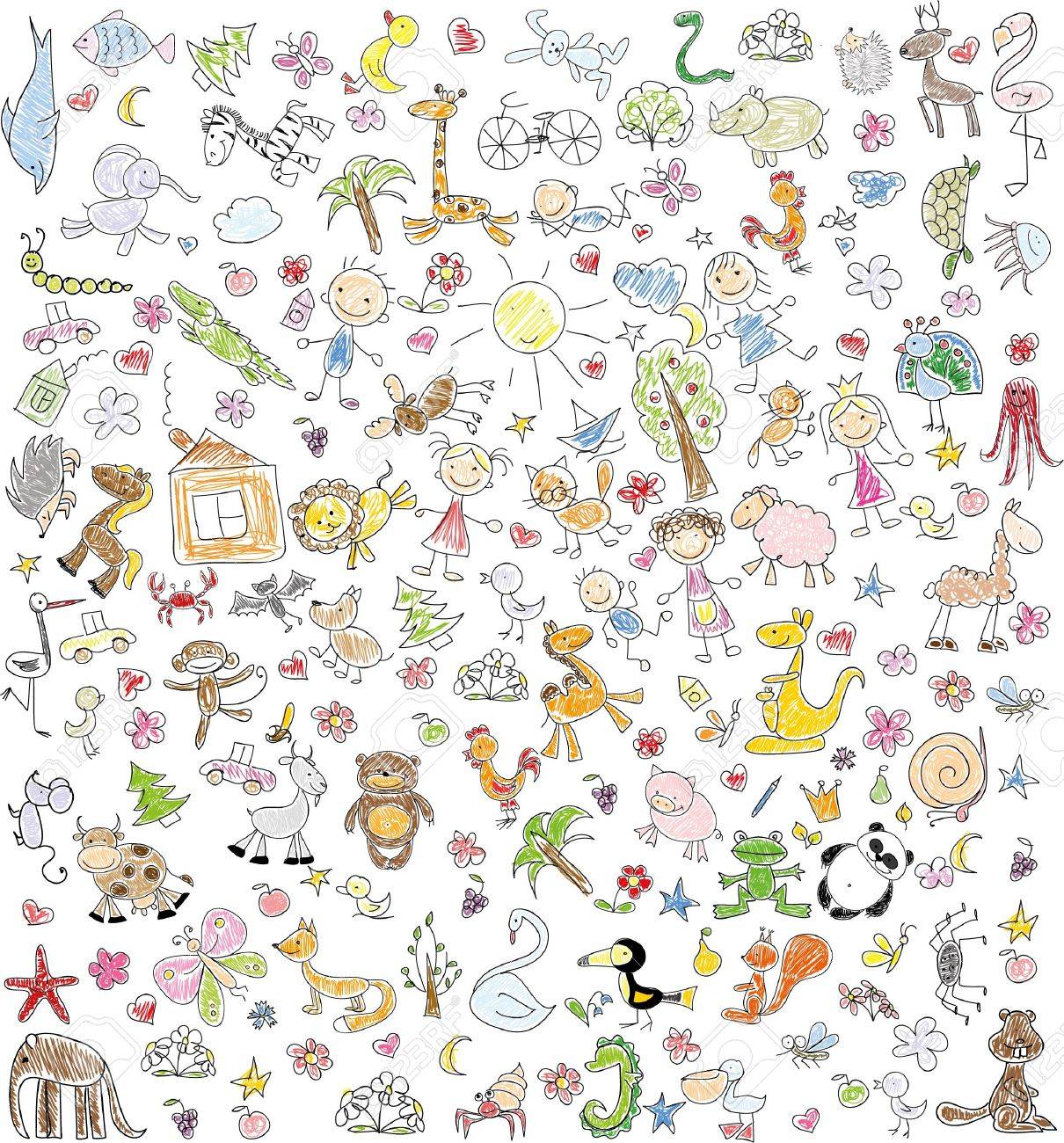 Children's drawings of doodle family, animals, people - 47853635 Children's drawings of doodle family, animals, people - 47853635