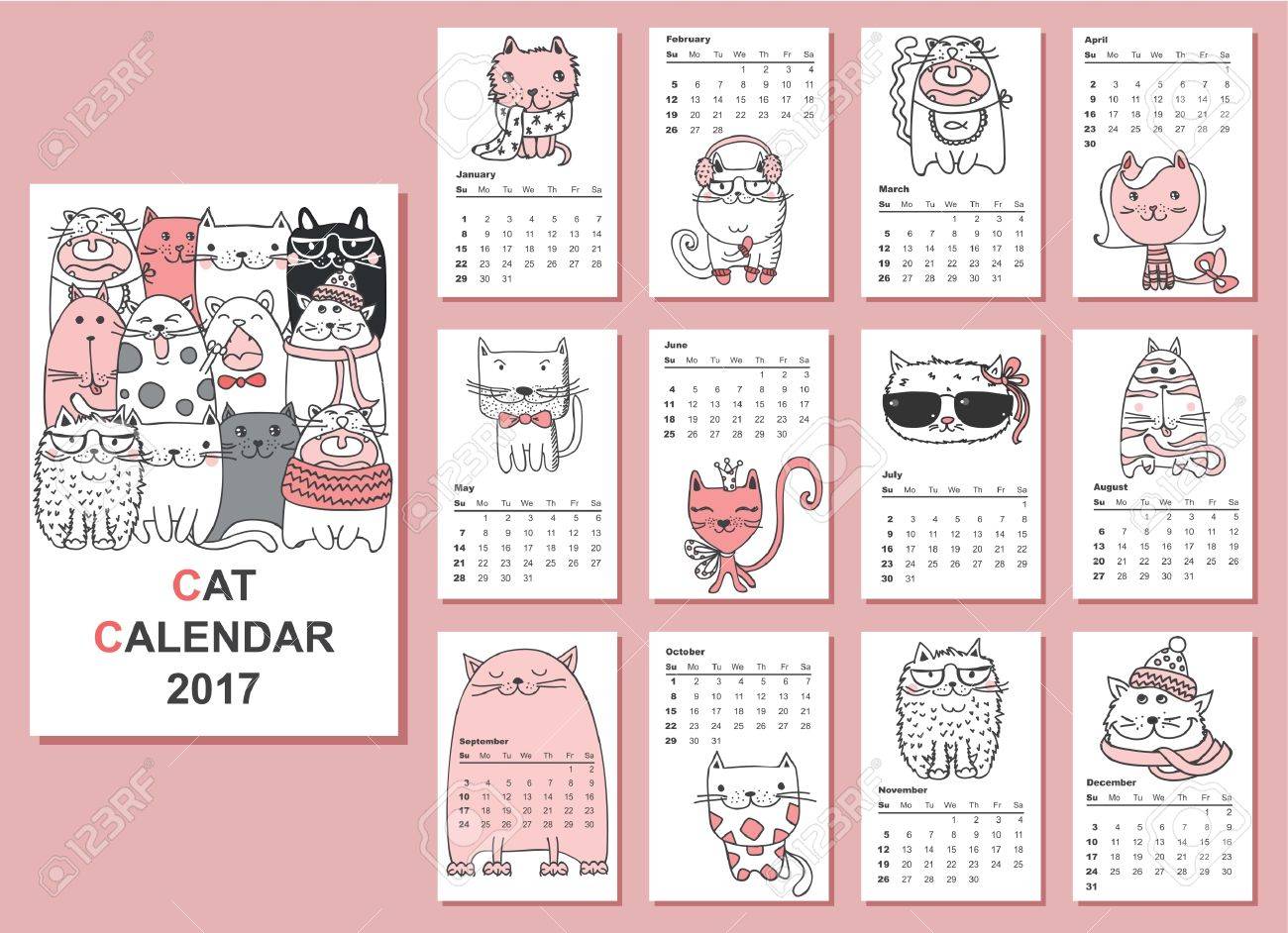 calendar 2017 cute cats for every month royalty free cliparts