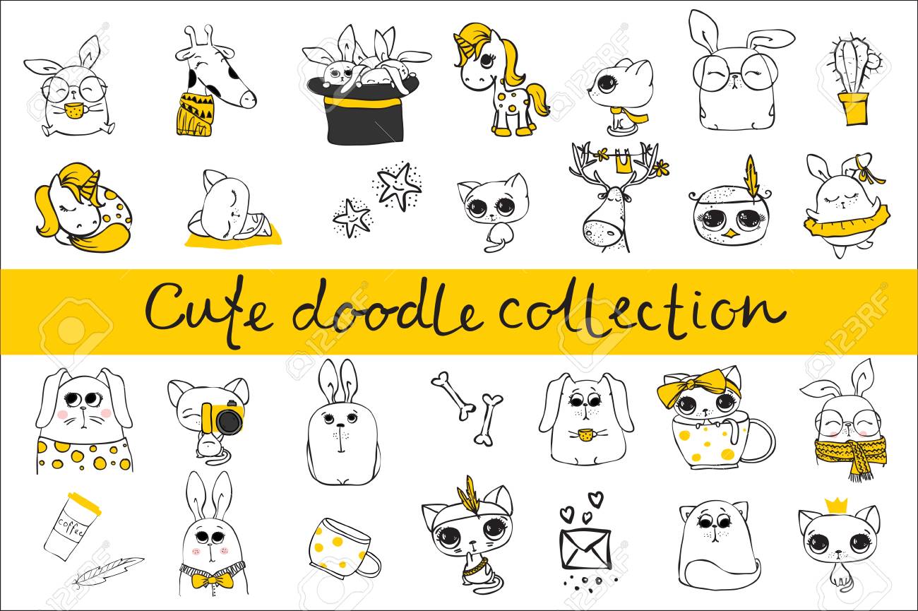 かわいい落書きコレクション かわいい動物のシンプルなデザインのイラスト素材 ベクタ Image