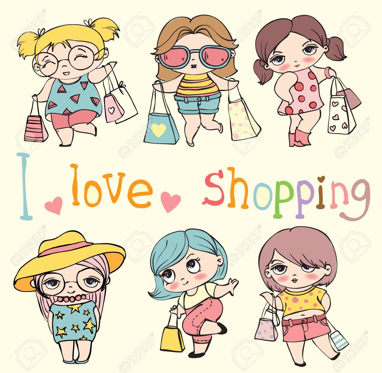 Card With Cute Fashion Girls With Shopping Bags I Love Shopping Royalty Free Cliparts Vectors And Stock Illustration Image