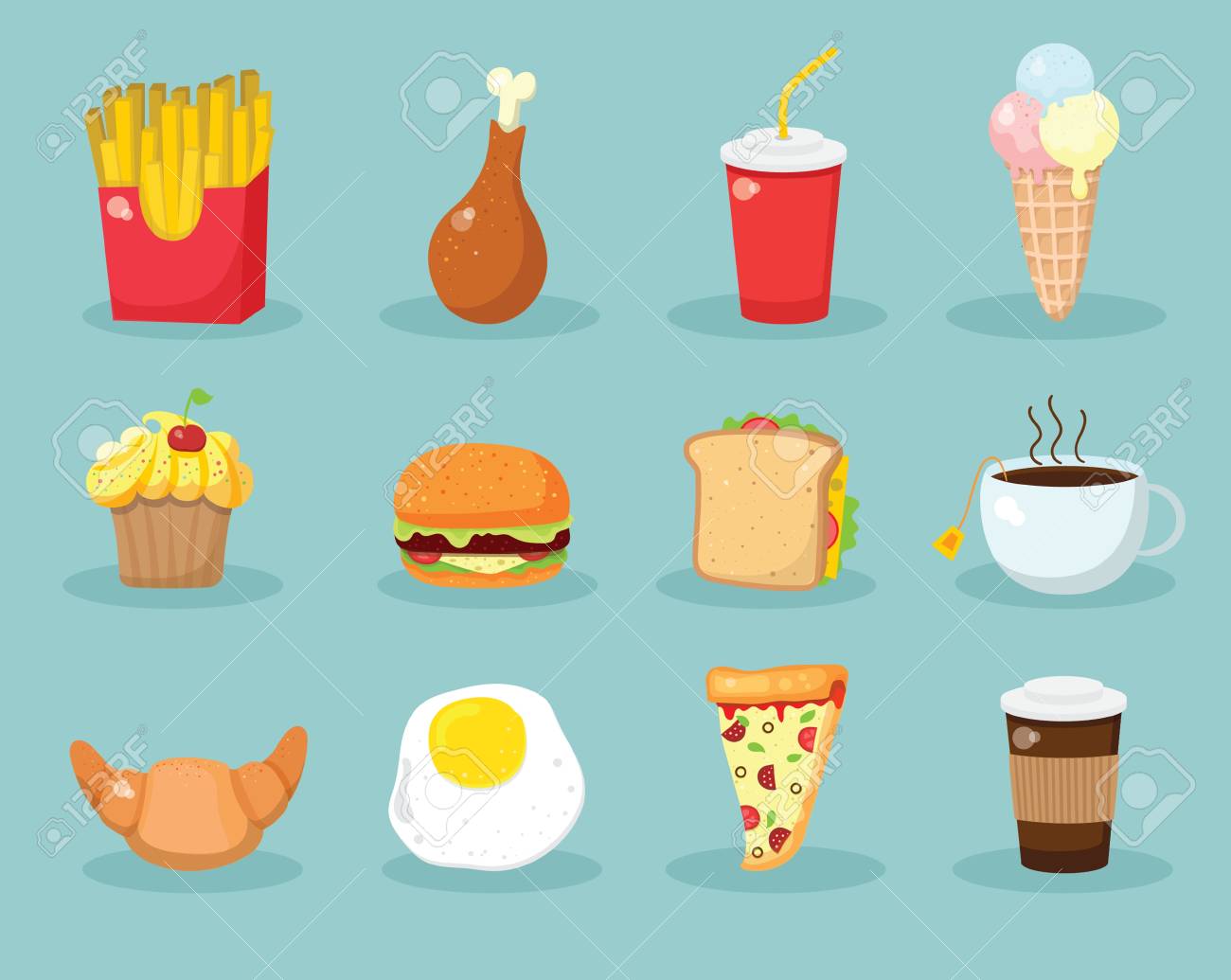 漫画食品ベクトル イラスト ケーキ クロワッサン 紅茶 コーヒー スクランブルエッグ ハンバーガーとフライド ポテトのカップ のイラスト素材 ベクタ Image