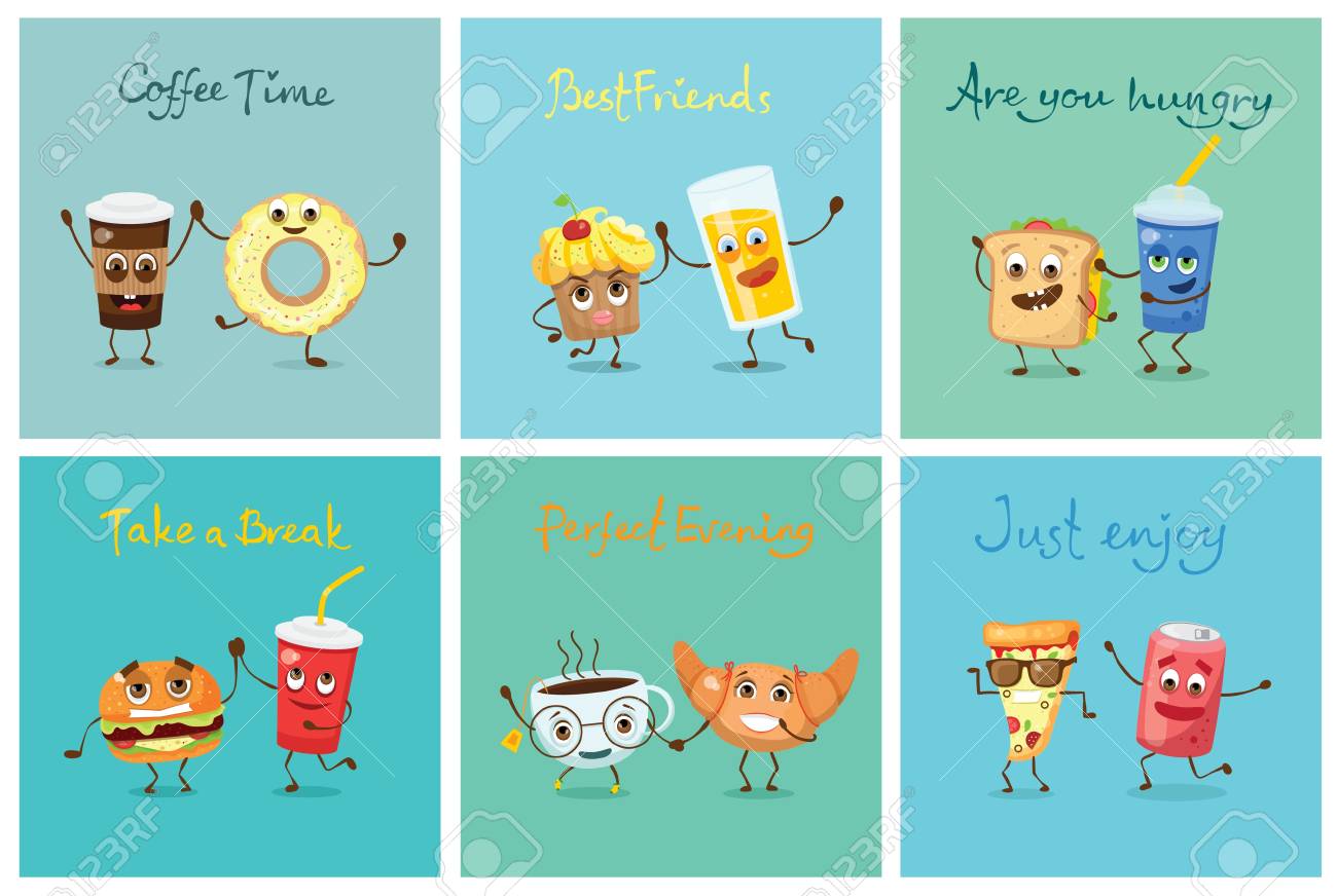 Cards With Cartoon Funny Friends Fast Food. Royalty Free SVG, Cliparts,  Vectors, and Stock Illustration. Image 92166821., image size:1300x872