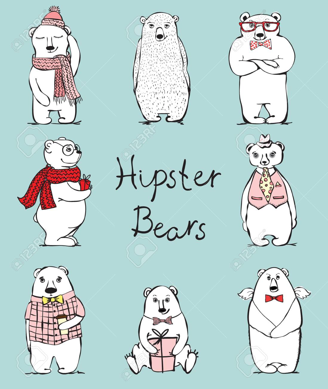 可愛くて面白いヒップスタークマセットのベクターイラスト 手描きの印刷スタイル のイラスト素材 ベクタ Image