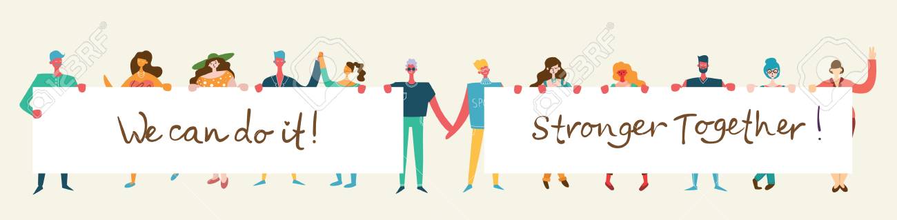 Vector illustration of happy men and women holding banners - 113221120 Vector illustration of happy men and women holding banners - 113221120