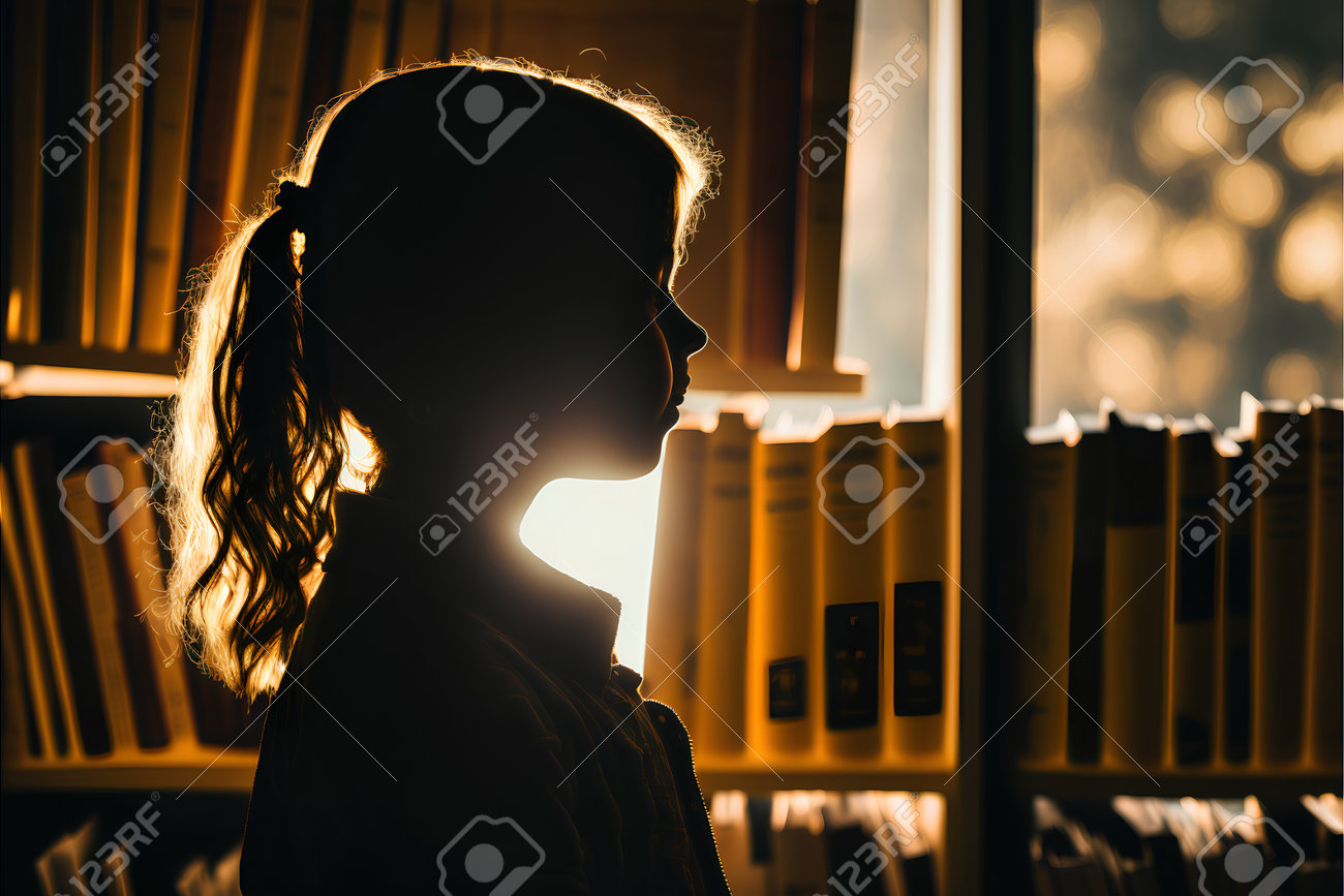 Silhouette Of A Little Girl Reading A Book In The Library Free Image and  Photograph 197223334., image size:1300x867