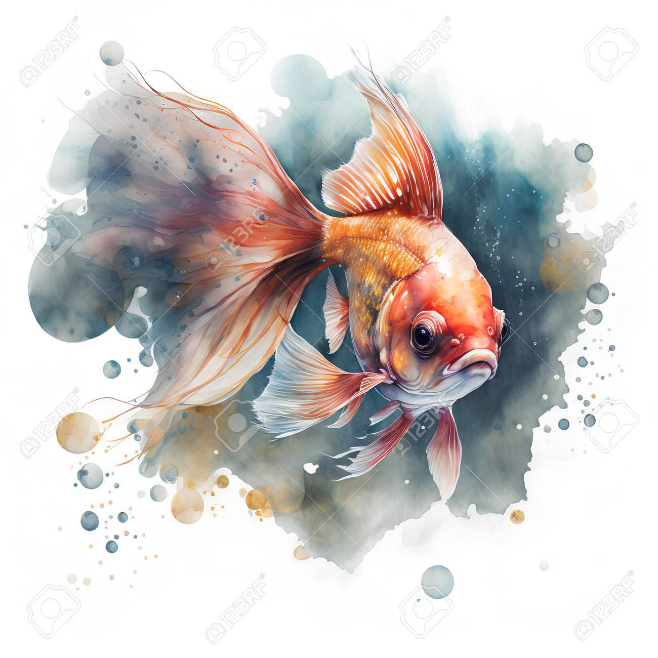 水彩風の金魚の水彩画。手描きのイラスト。 無料画像＆写真