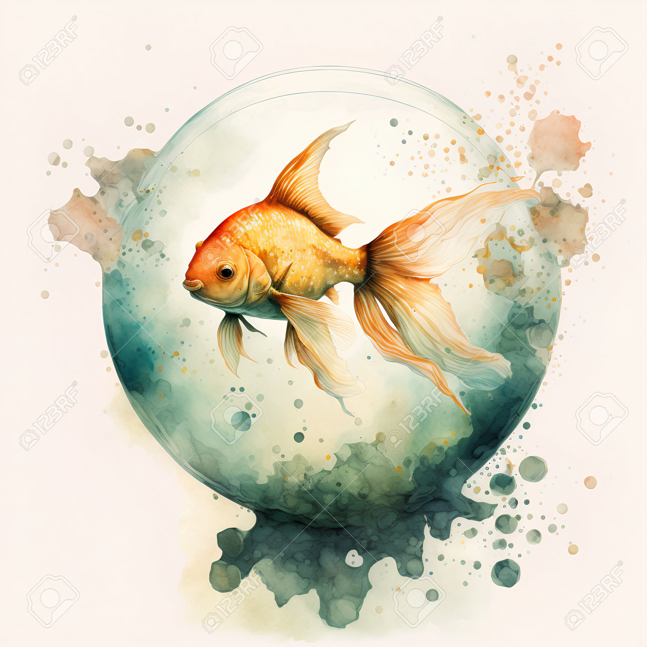 丸い透明な泡の中を泳ぐ金魚の水彩イラスト。 無料画像＆写真